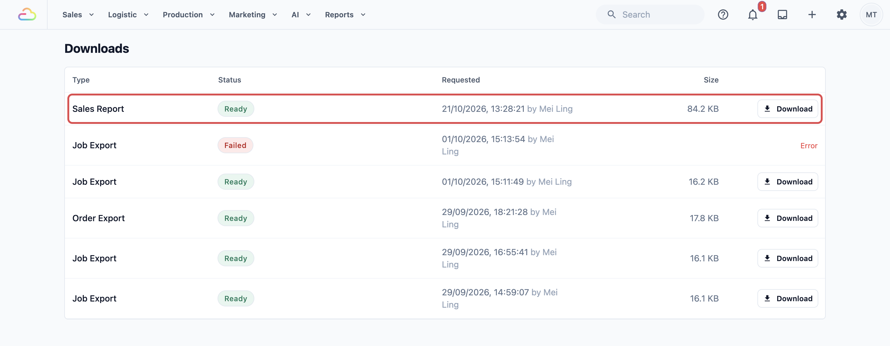 The Downloads page with a Ready Sales Report row marked, showing its requested time, file size and Download button