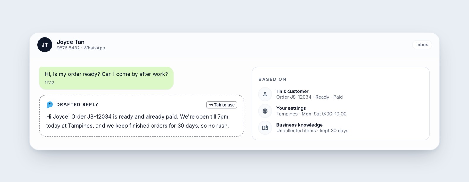A customer asks if their order is ready; the drafted reply is based on the customer's order, the shop's opening hours and a Business Knowledge entry