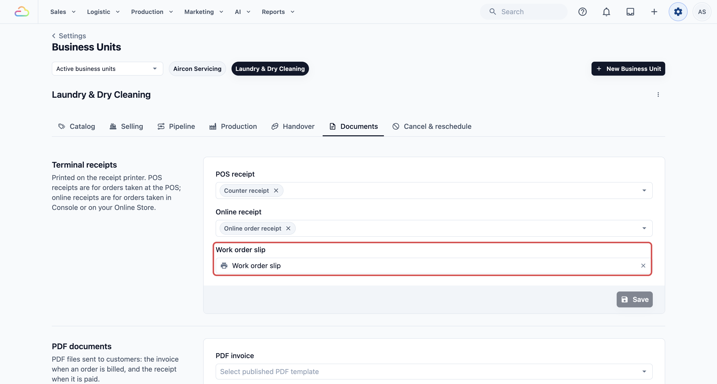 The Documents tab of a business unit, with the Work order slip field marked under Terminal receipts