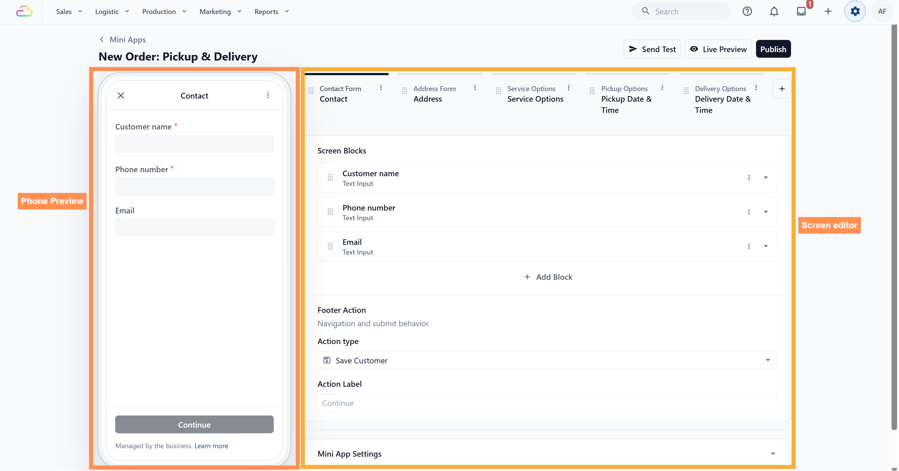 The Mini App editor showing the phone preview on the left and the screen editor on the right