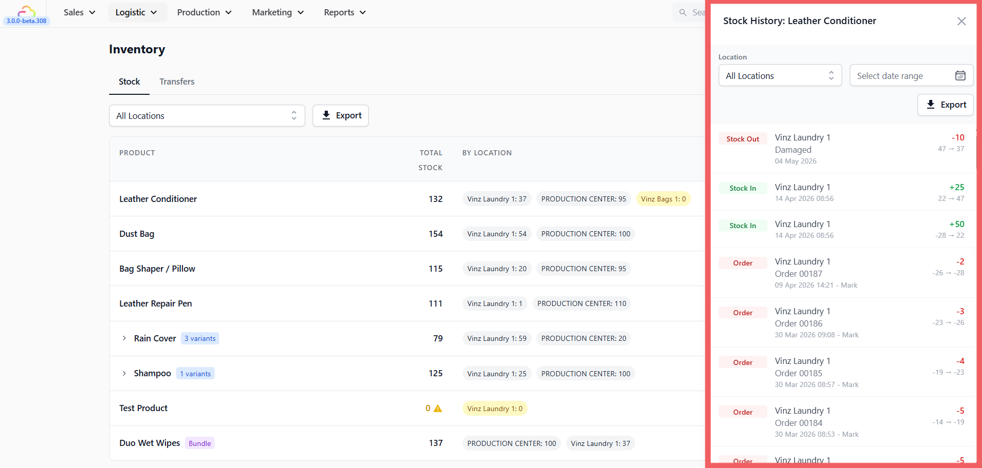 Click Export inside the drawer if you need the movement history as a file.