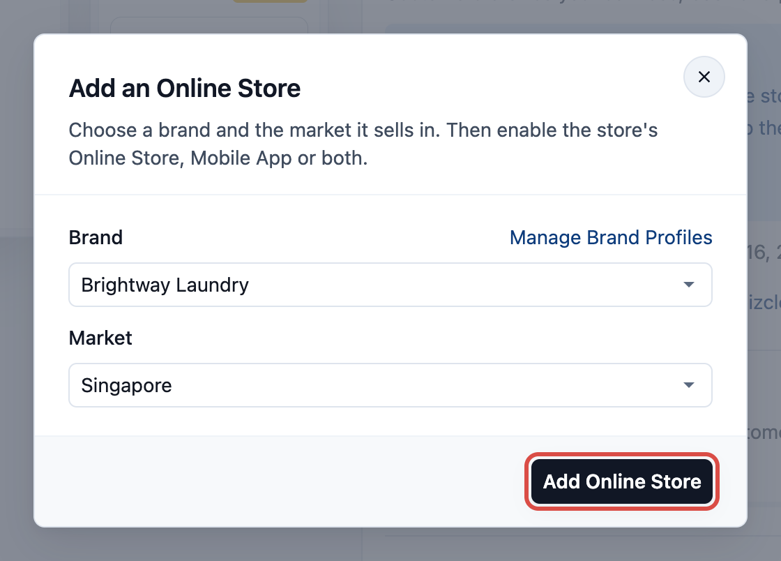 The Add an Online Store dialog with the brand Brightway Laundry and the market Singapore chosen