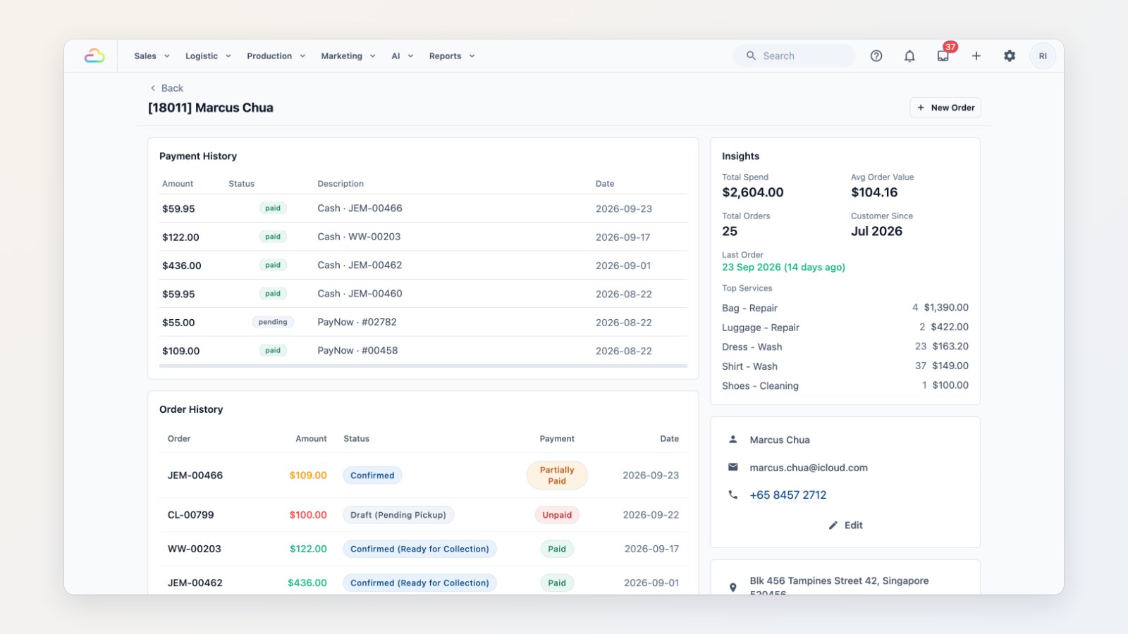 A customer's contact page with order history, payment history, insights, contact details and loyalty balances