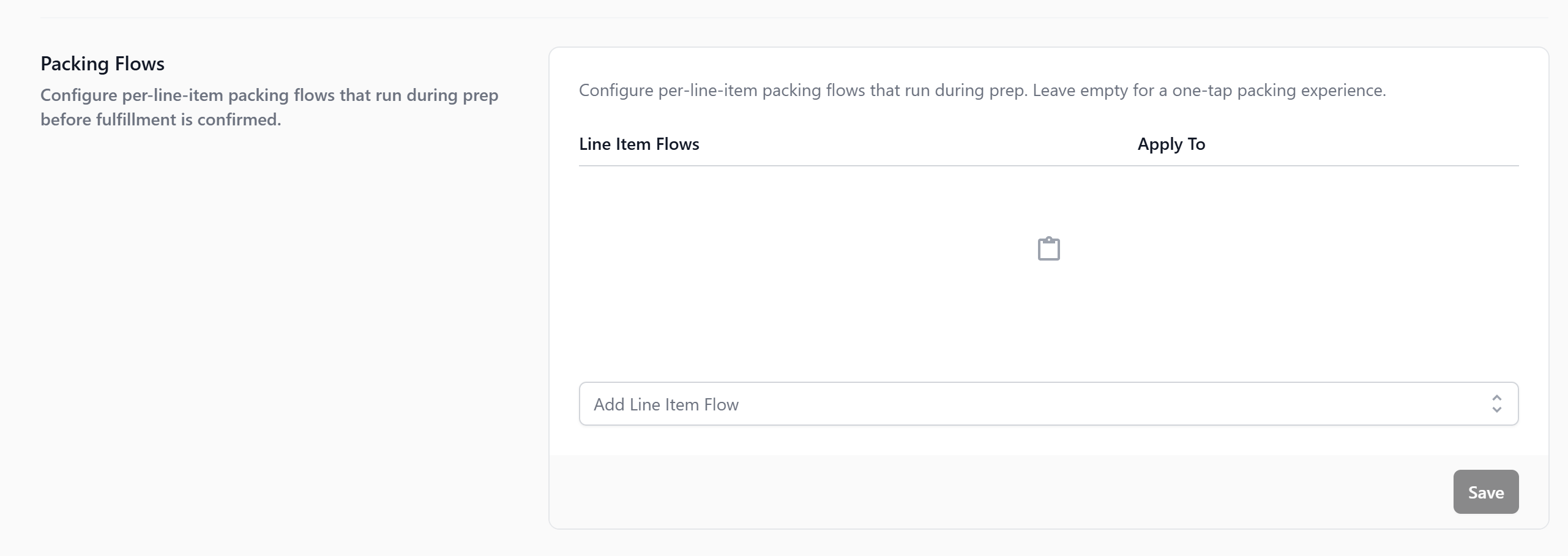 Packing flow is a per-item packing steps that run during prep, before fulfillment is confirmed e.g. bagging, tagging, quality check, photo.