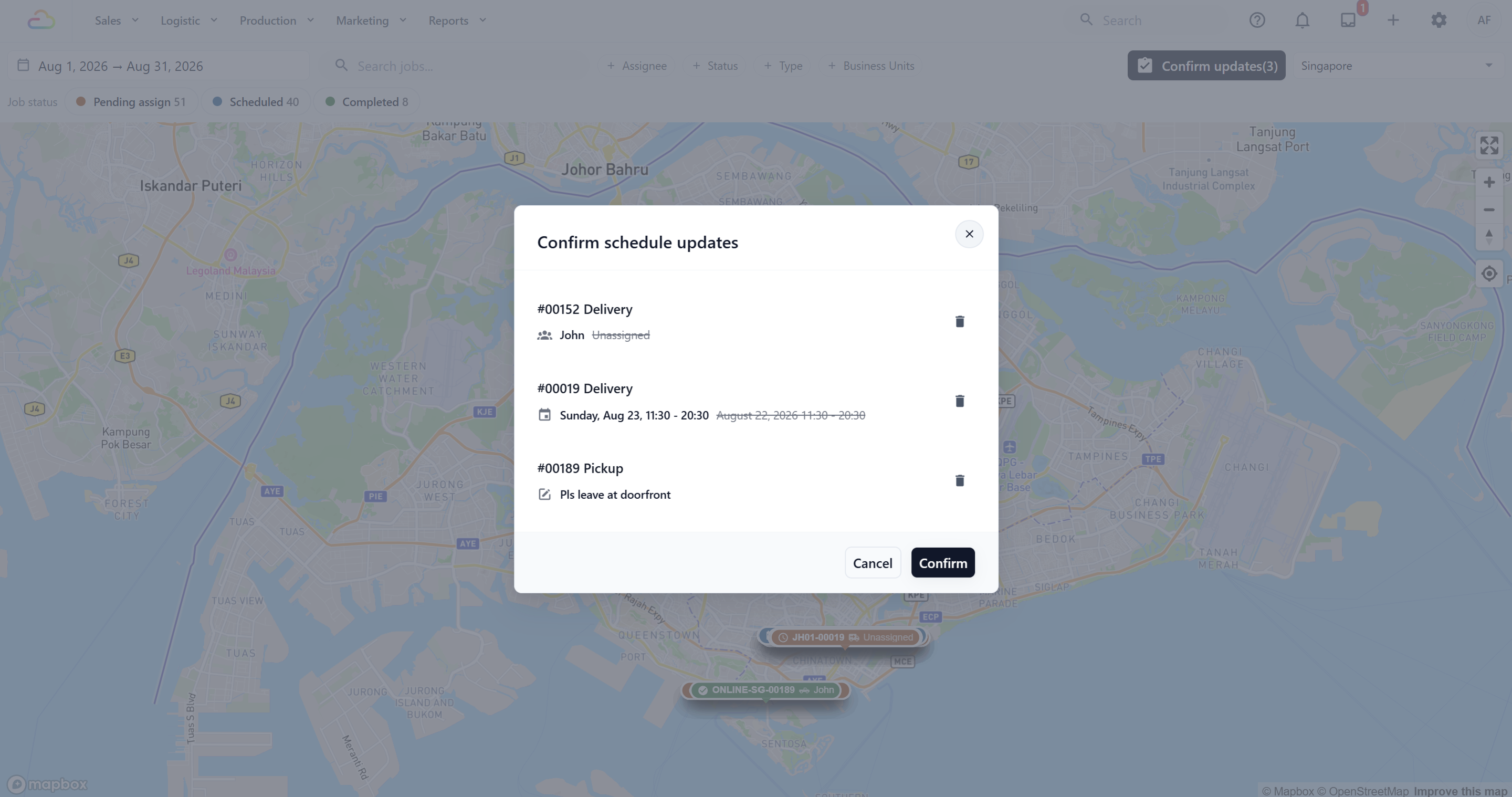 SCREENSHOT PLACEHOLDER — Confirm schedule updates window showing the original and updated job details