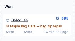 Maple Bag Care enquiry in the Won column