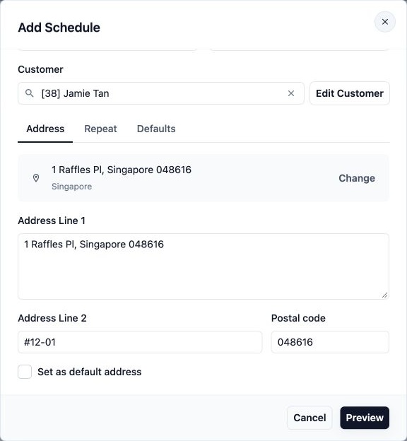 Jamie Tan’s fictional example address, including unit number and postal code, on the Address tab.