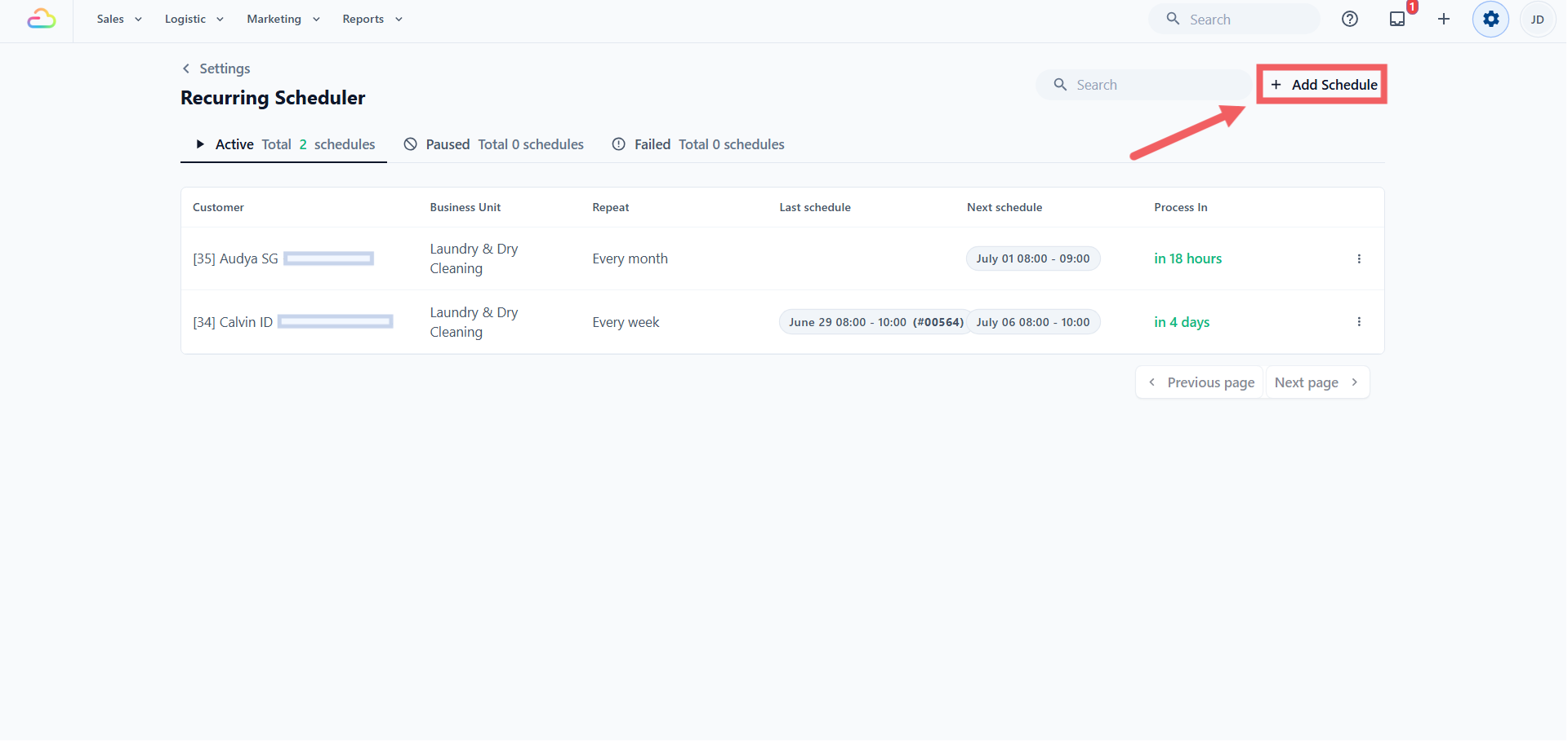 To add a new recurring schedule, click Add schedule to open the dialog. It has three tabs, Address, Repeat, and Defaults, and you start with the basic details: