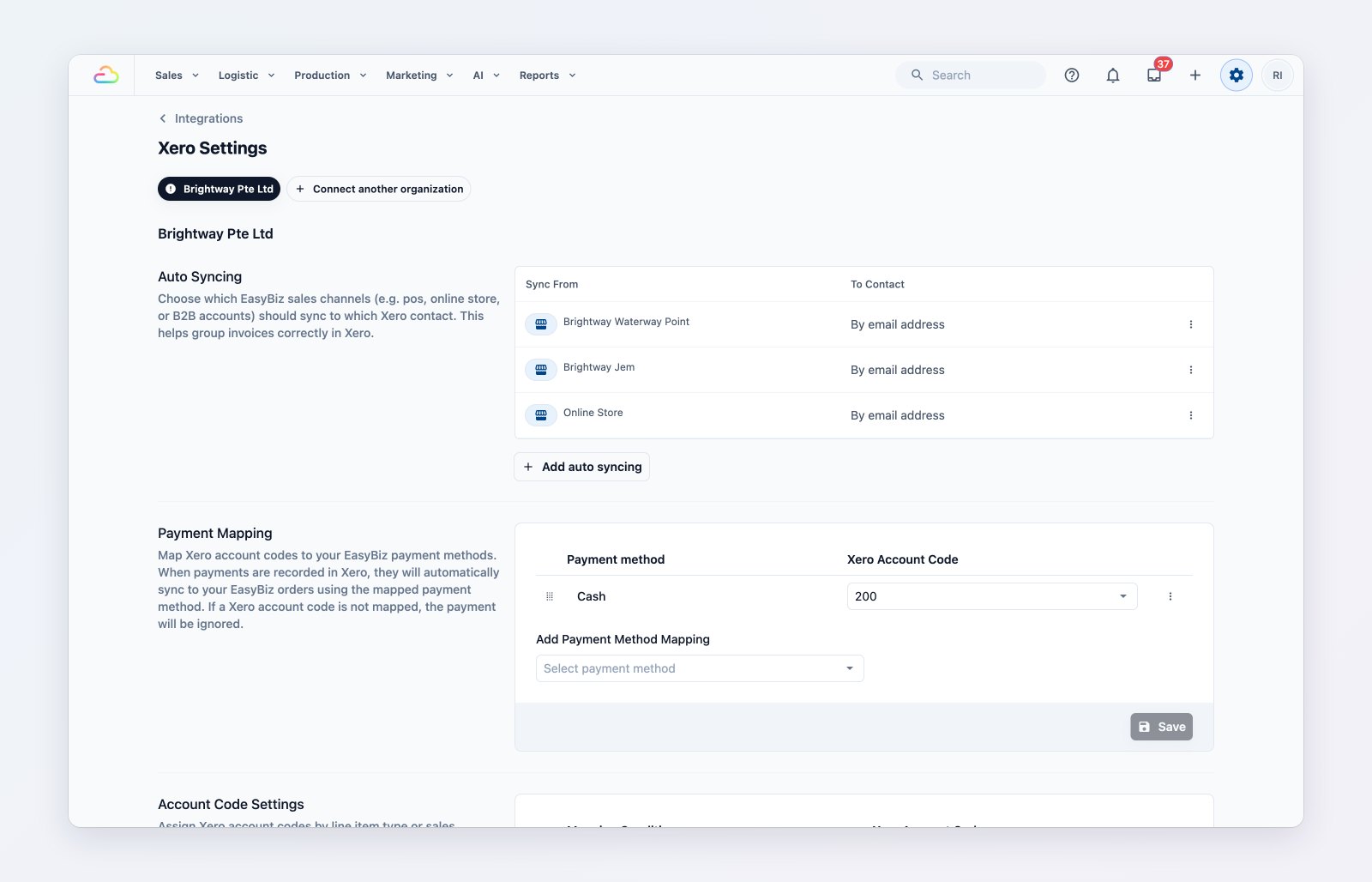 Xero settings in EasyBiz with contact mapping, account codes for each line-item type and payment method mapping