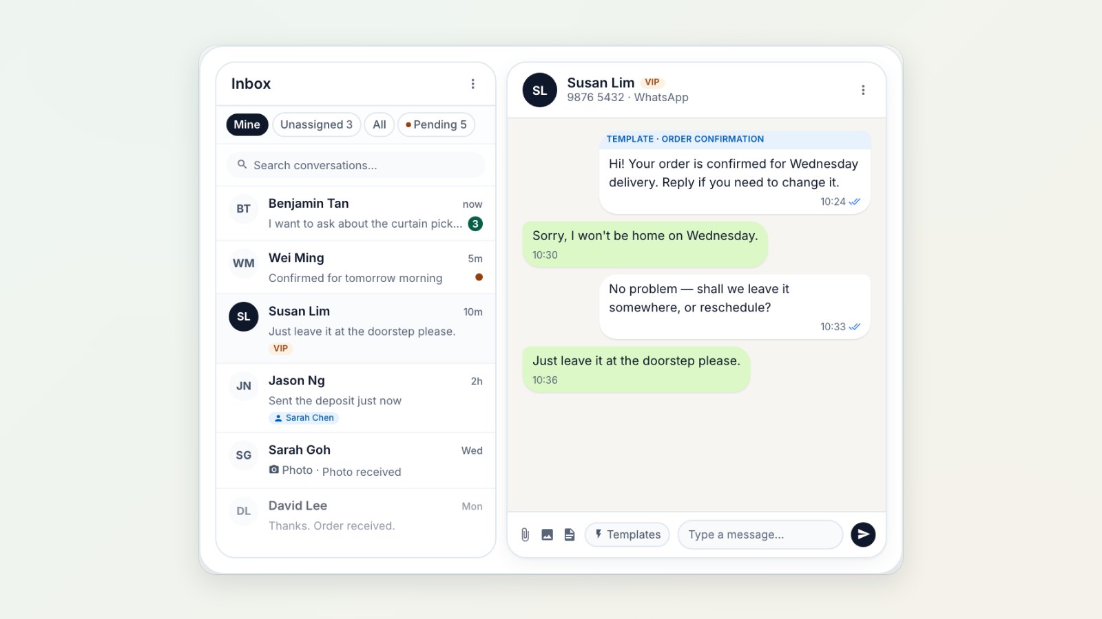 The shared WhatsApp inbox with a list of customer conversations and an open chat