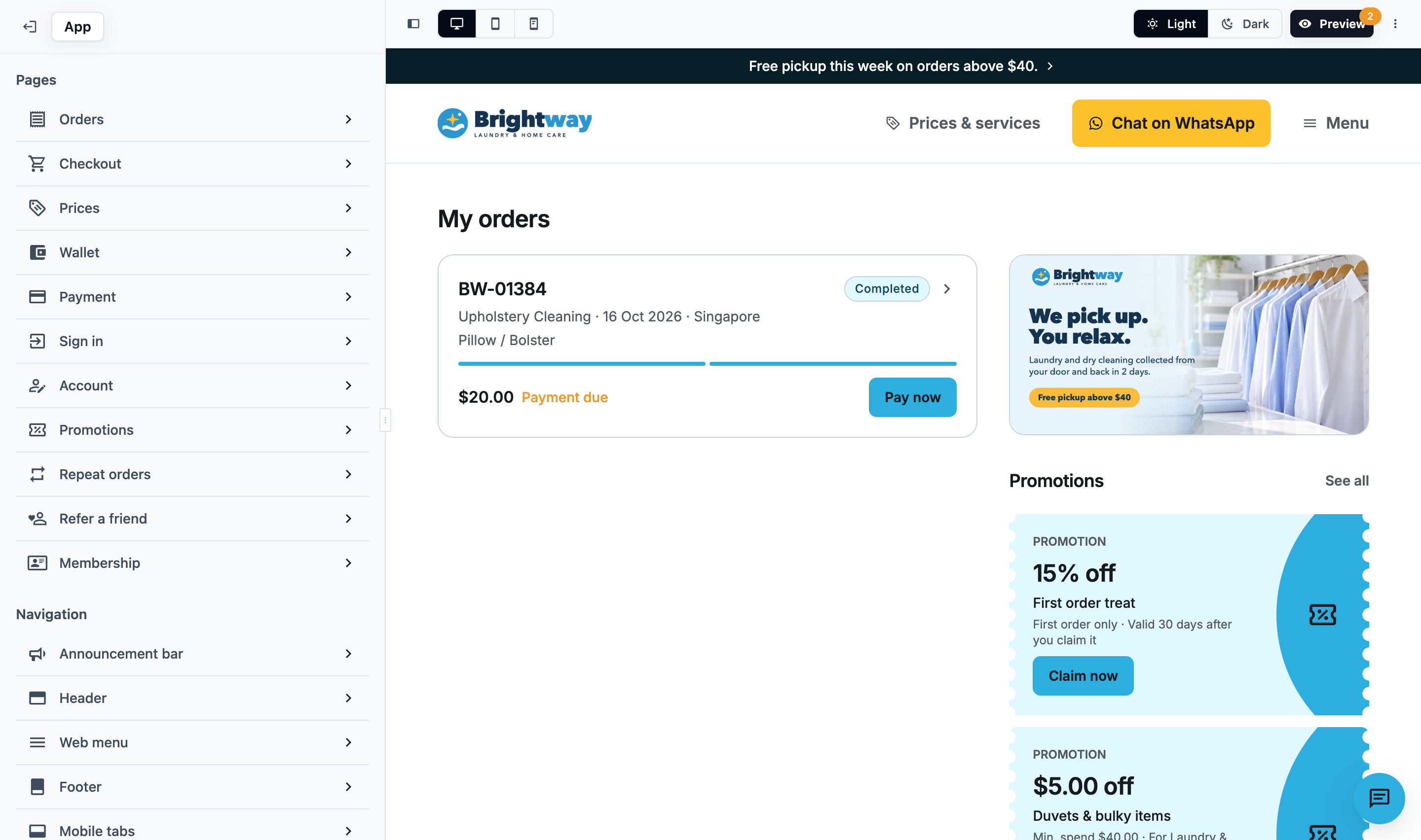 The store editor with Pages, Navigation and App settings on the left and the preview on the right