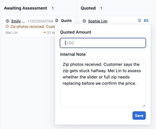 The fictional bag zip enquiry in Awaiting Assessment, with its saved internal note open and Mei Lin’s qualifying assignment visible on the card.