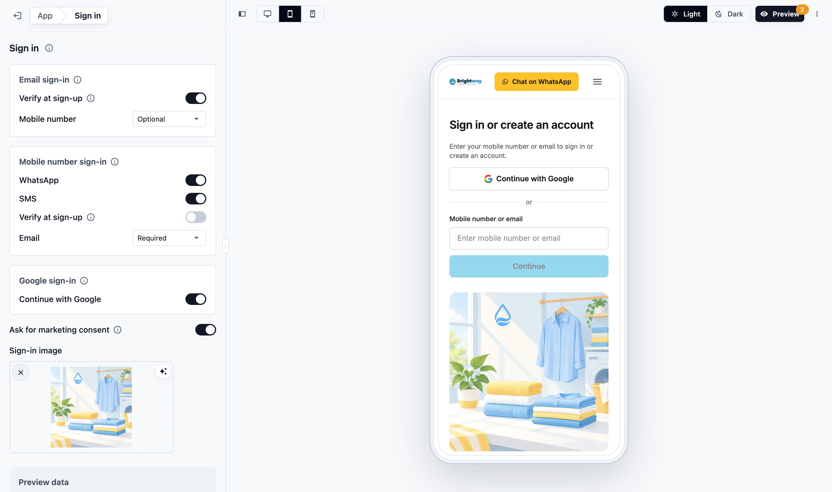 The editor's Sign in page with the Email sign-in, Mobile number sign-in and Google sign-in cards