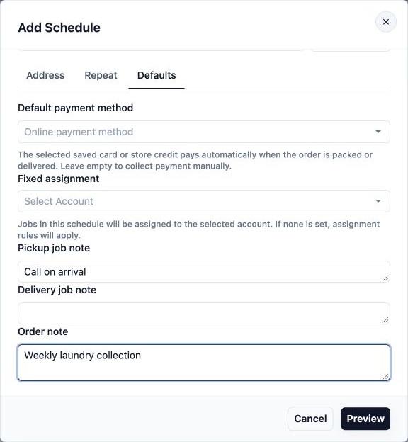 Defaults with no payment method or fixed assignment, Call on arrival as the pickup note, and Weekly laundry collection as the order note.