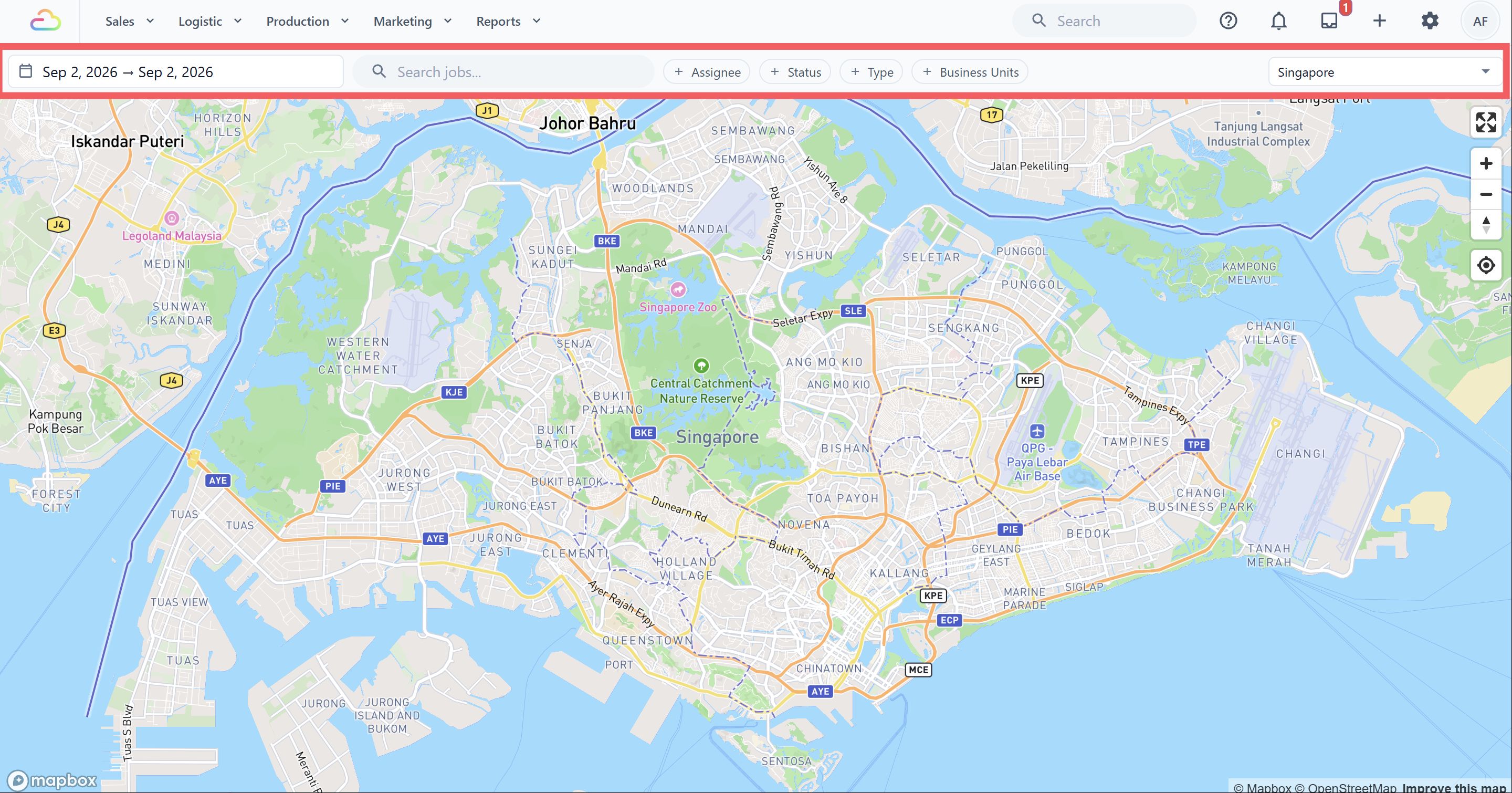 SCREENSHOT PLACEHOLDER — Job Map toolbar showing date range, search, filters, status legend, and Location selector