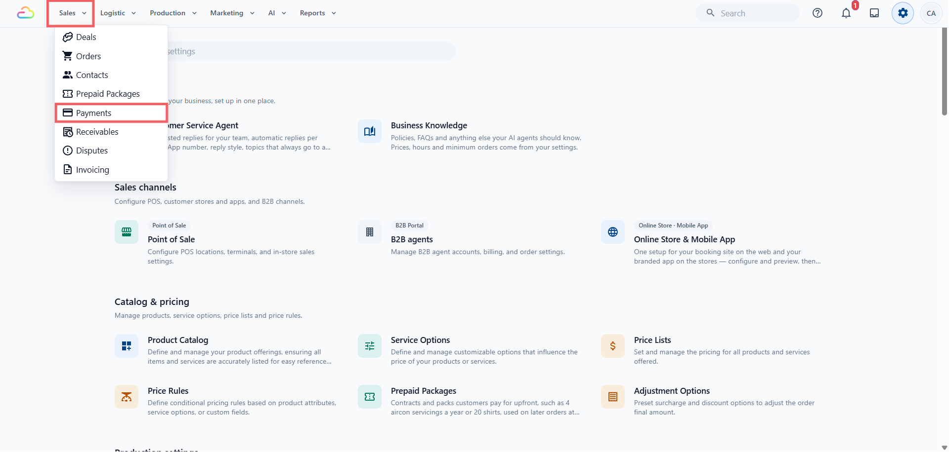 Header menu > Sales > Payments