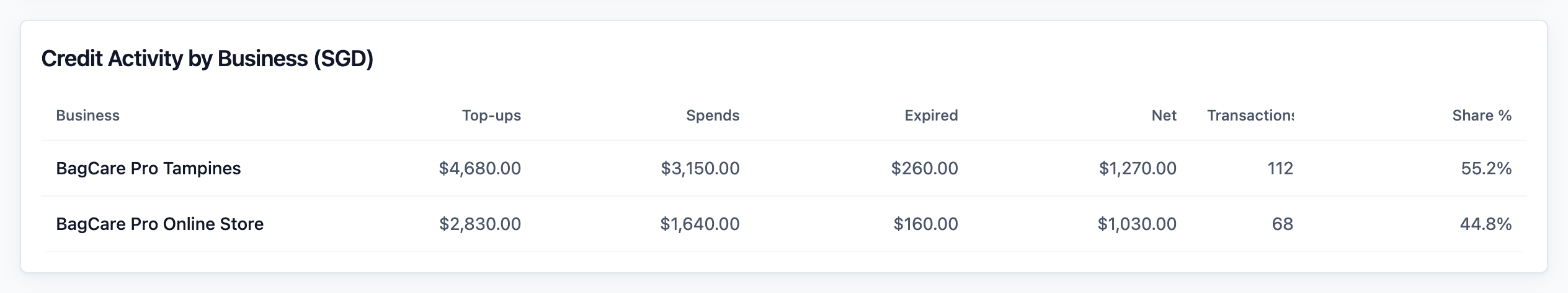 The Credit Activity by Business table with the shop counter and the online store