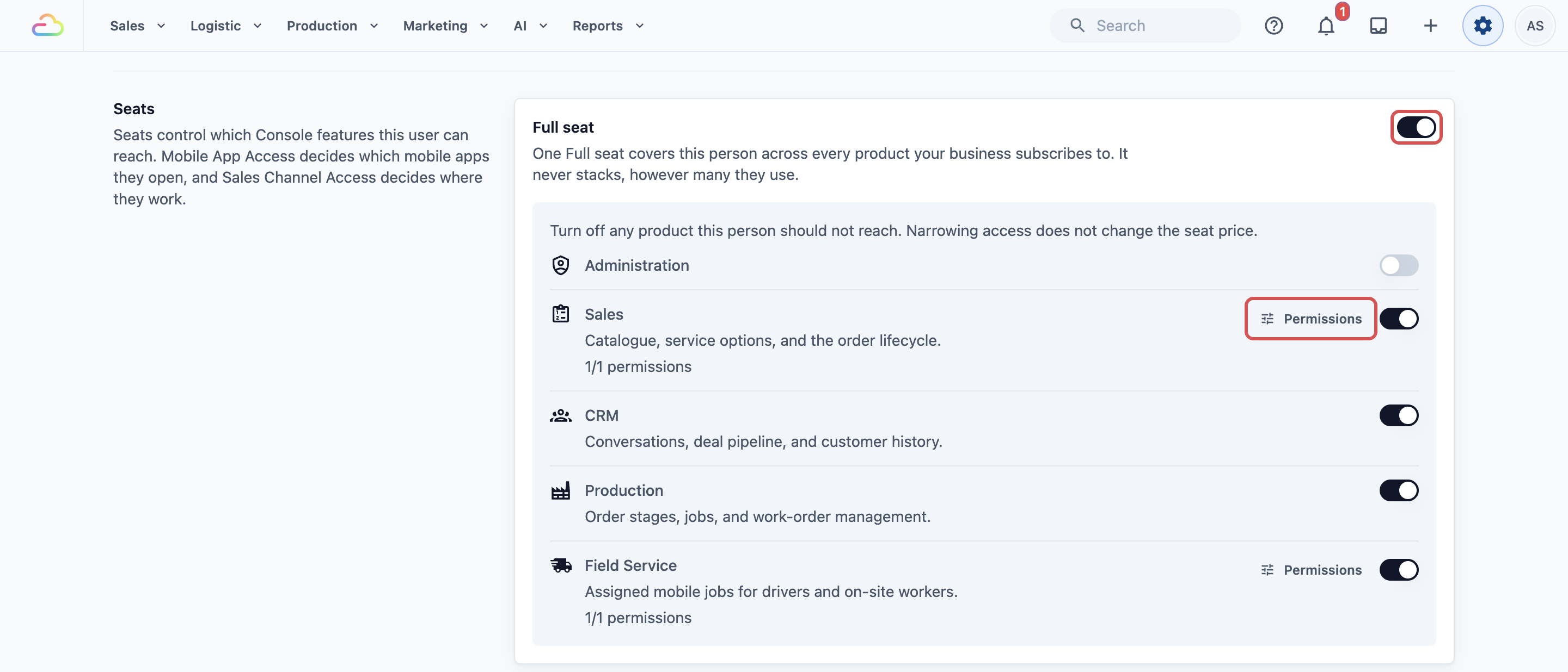 A staff member's Seats section with the Full seat switch on, the Sales, CRM, Production and Field Service rows, and the Permissions button next to Sales