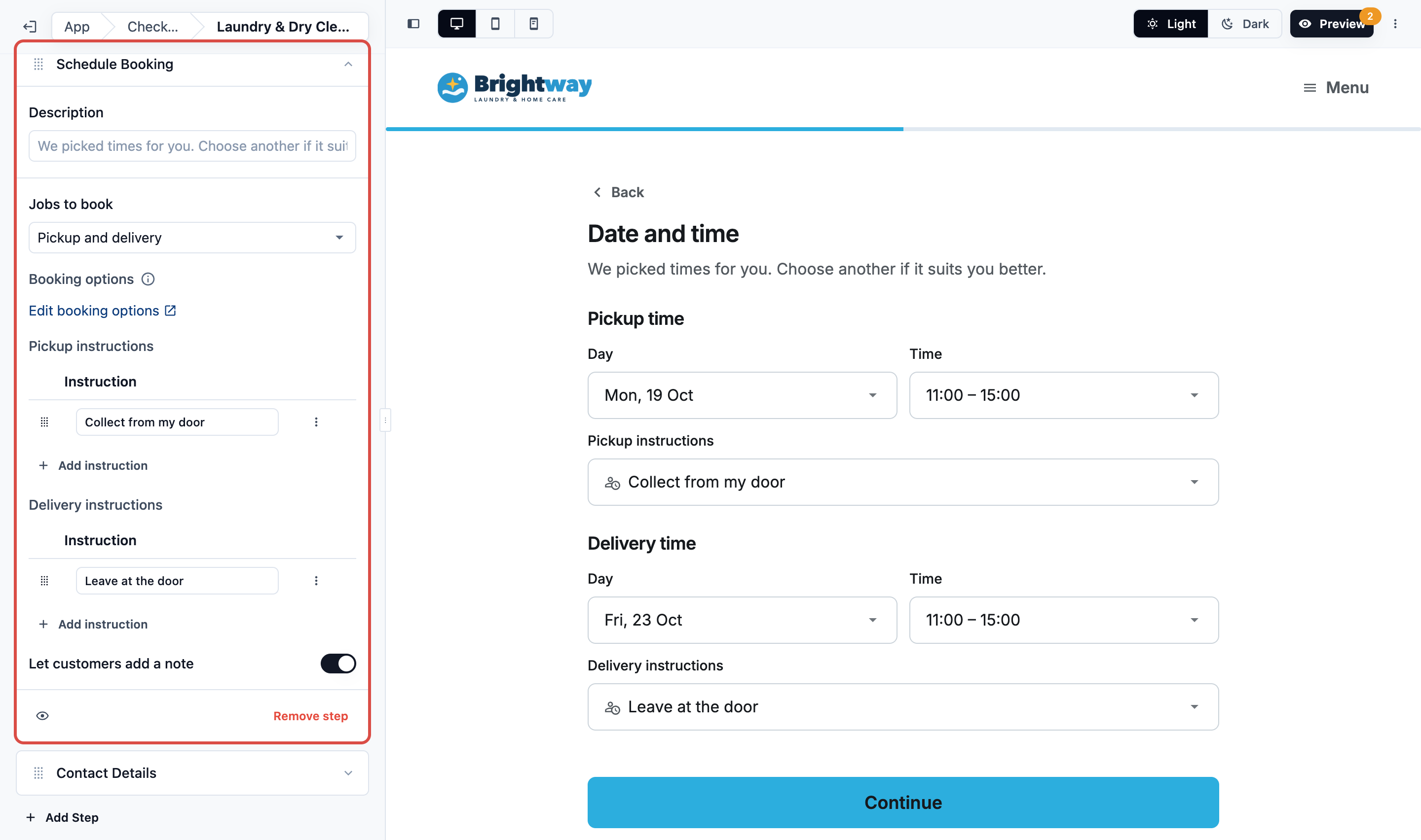 The Schedule Booking step's settings, with Jobs to book set to Pickup and delivery, two pickup instructions and Let customers add a note switched on