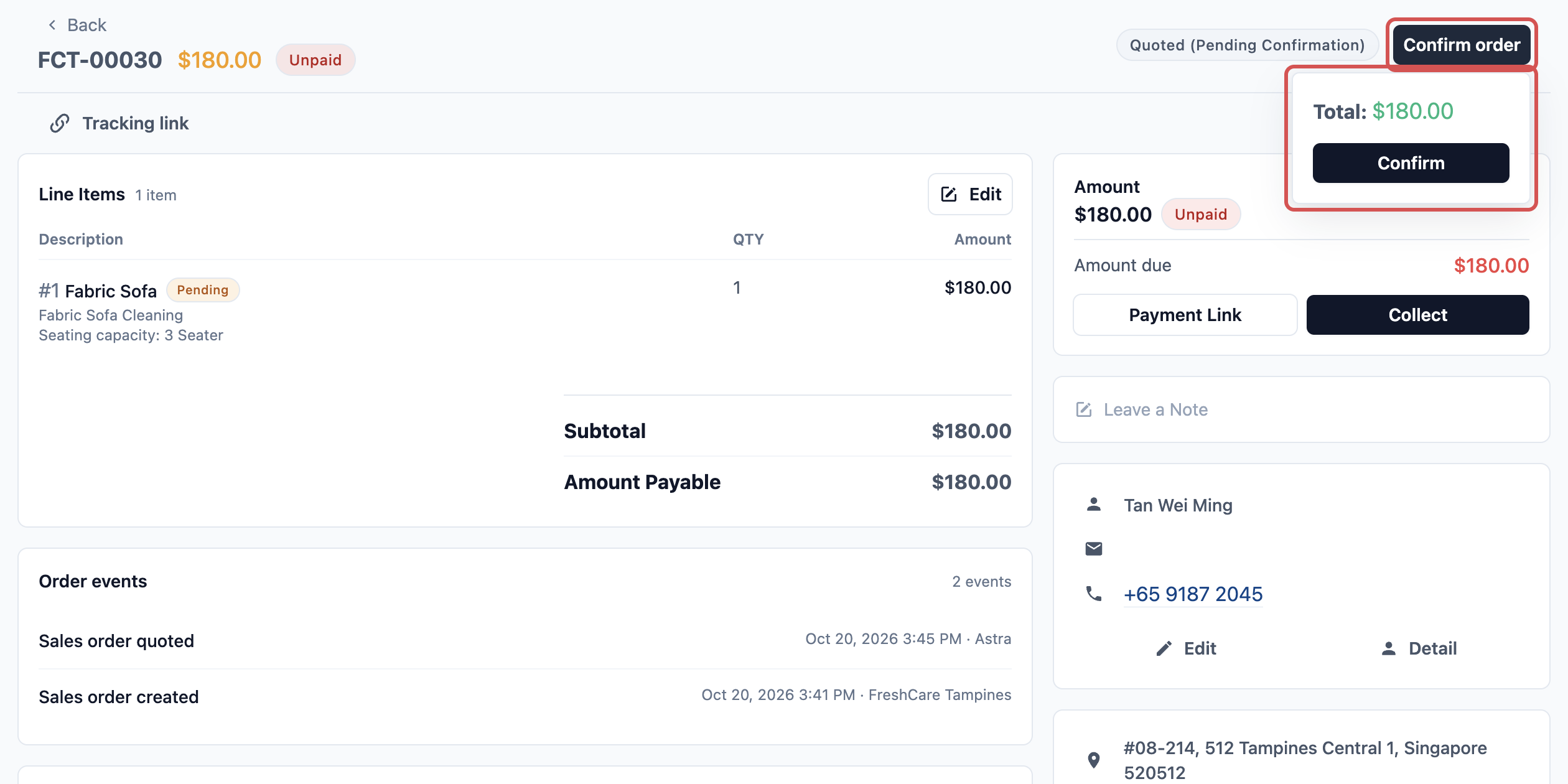 An order at Pending Confirmation in Console, with the Confirm order panel open showing the total and the Confirm button