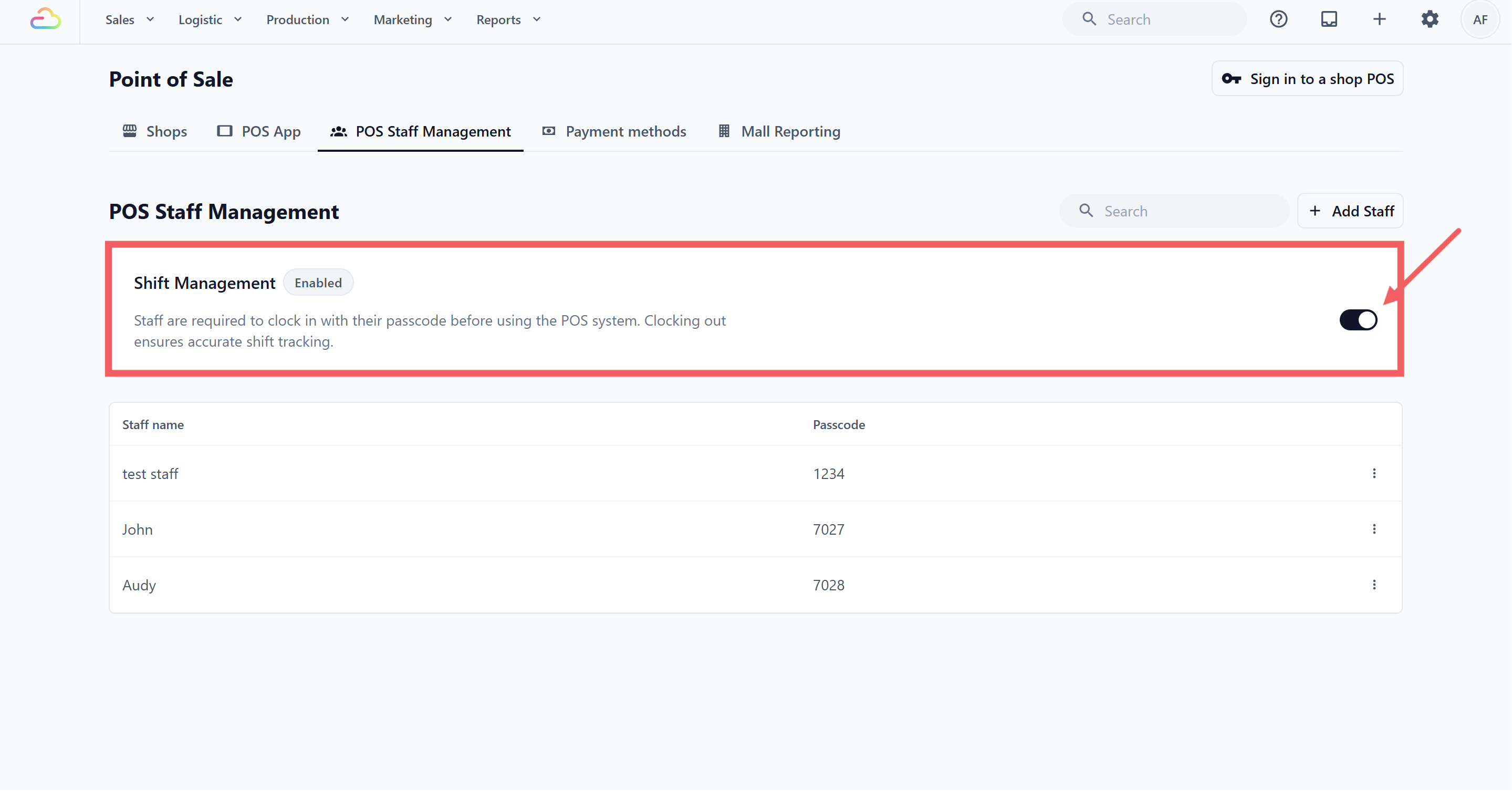 At the top of the POS Staff Management tab, you'll see a Shift Management toggle. By default, it's turned off.