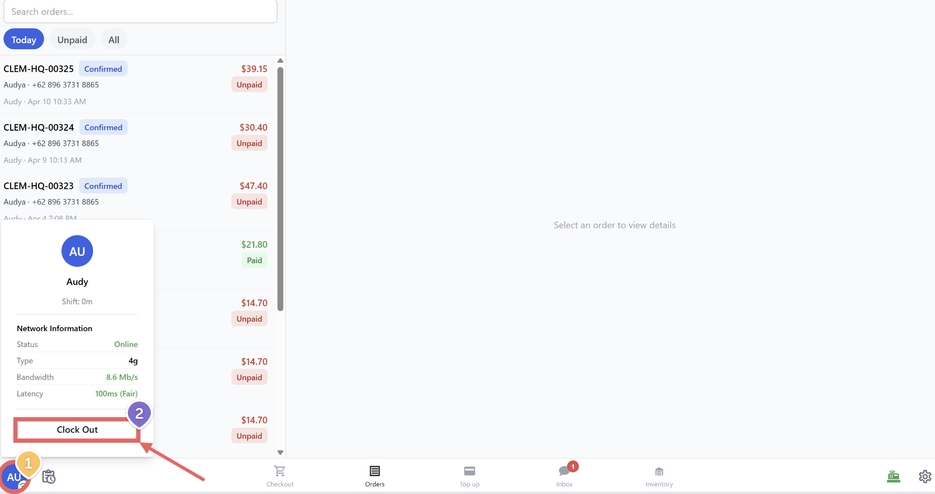 A popup will appear showing their name, current shift duration, and the Wi-Fi connection status of the POS device. Tap the Clock Out button at the bottom of the popup.