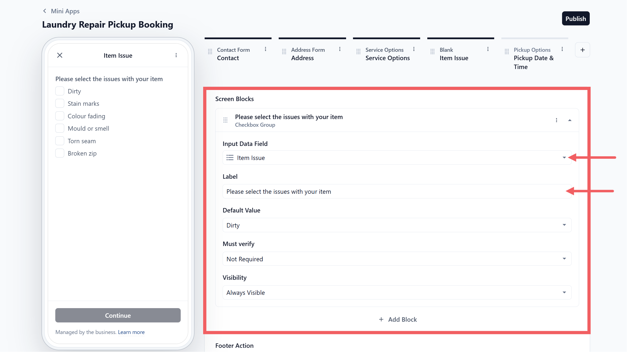 Item issue screen configuration