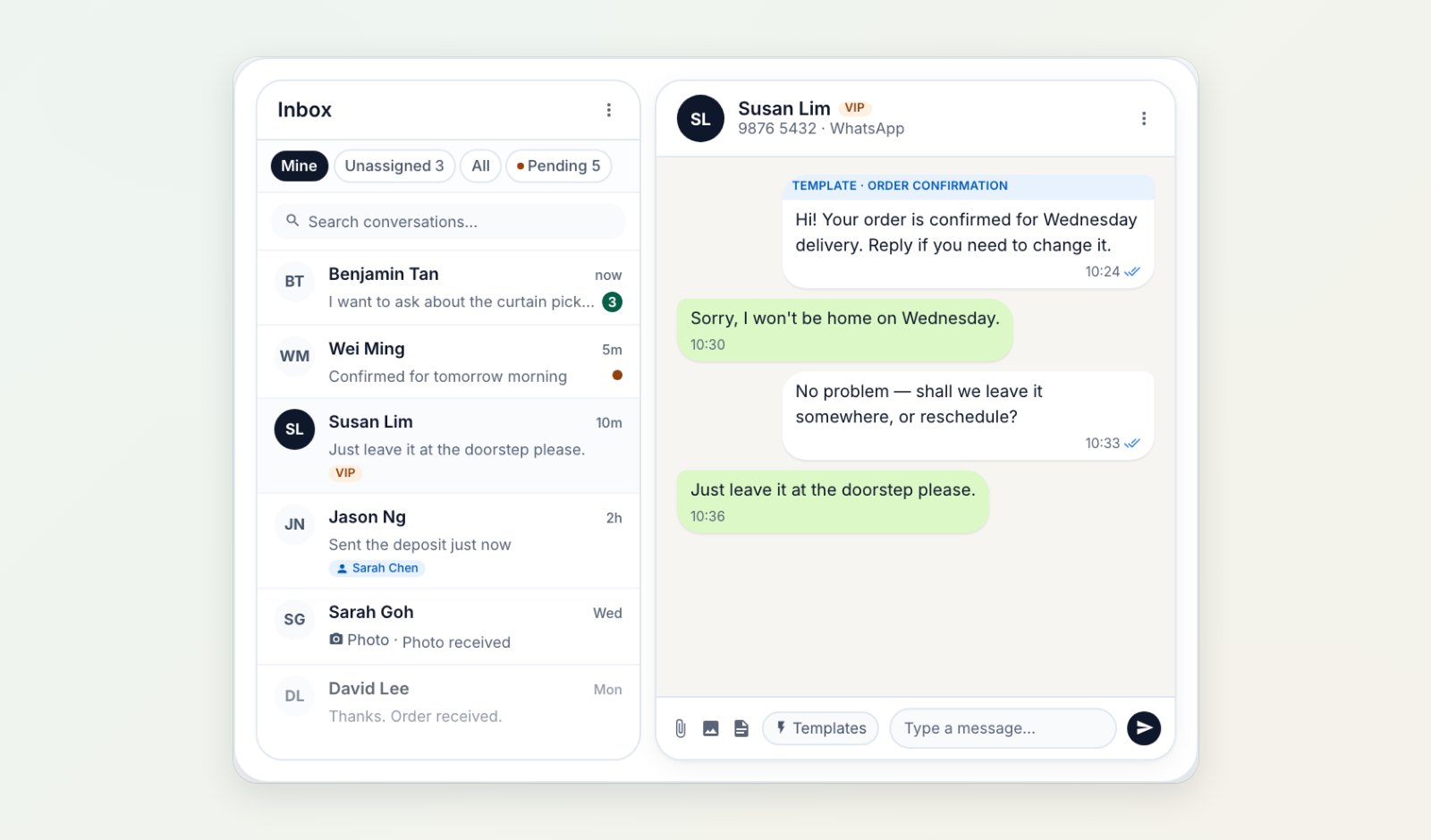 The shared inbox with conversations from several customers and an open chat about rescheduling a delivery