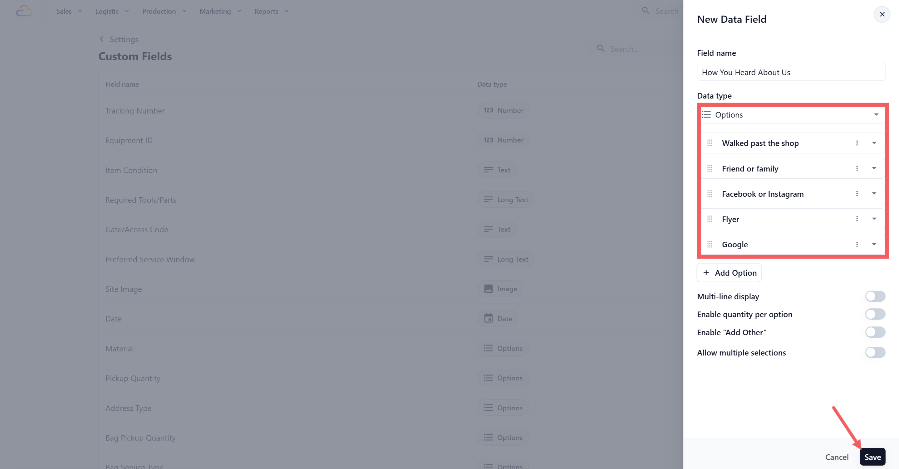The Add Data Field drawer under Settings, Library, Custom Fields, with Options selected as the Data Type and the choices entered