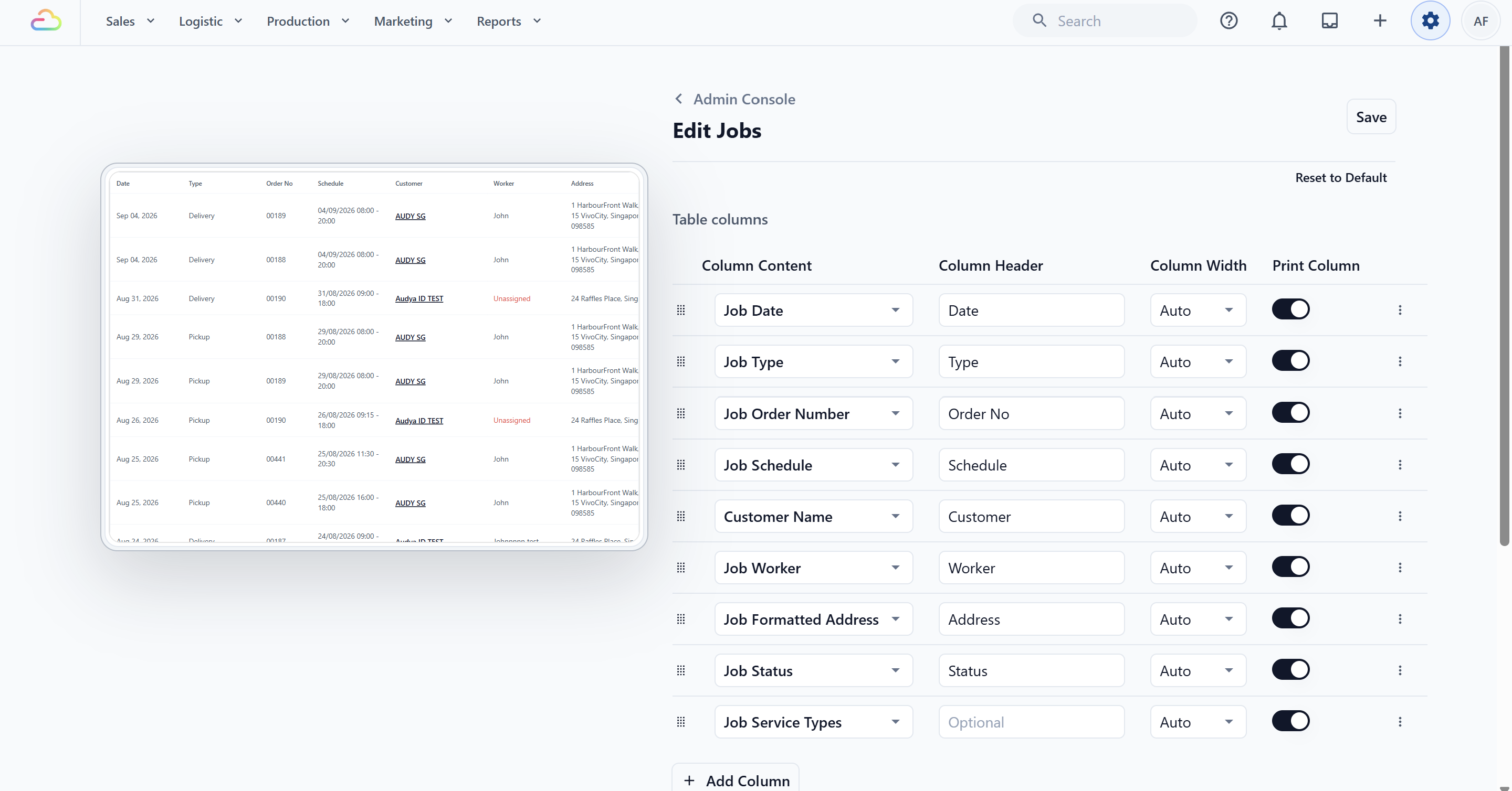 Screenshot placeholder: Edit Jobs page showing Table Columns, Same Day Sorting, live preview, and Save button.