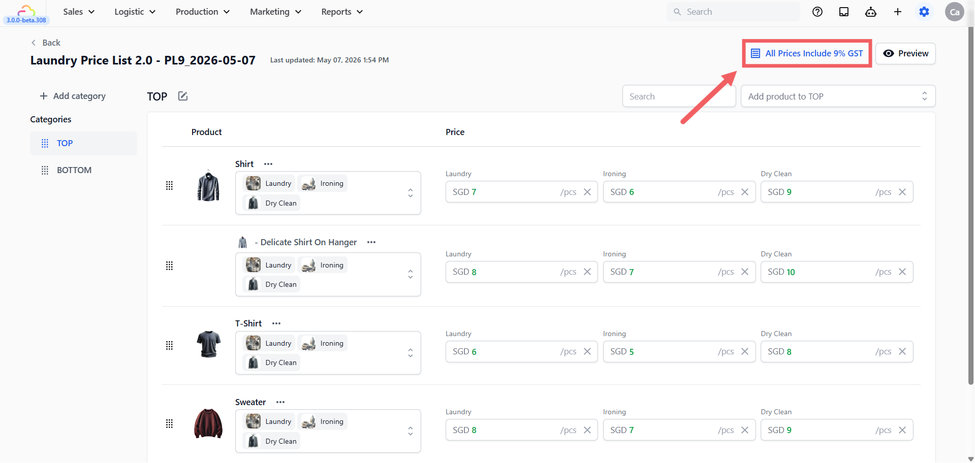 The text at the top right of the editor shows your current tax setting: