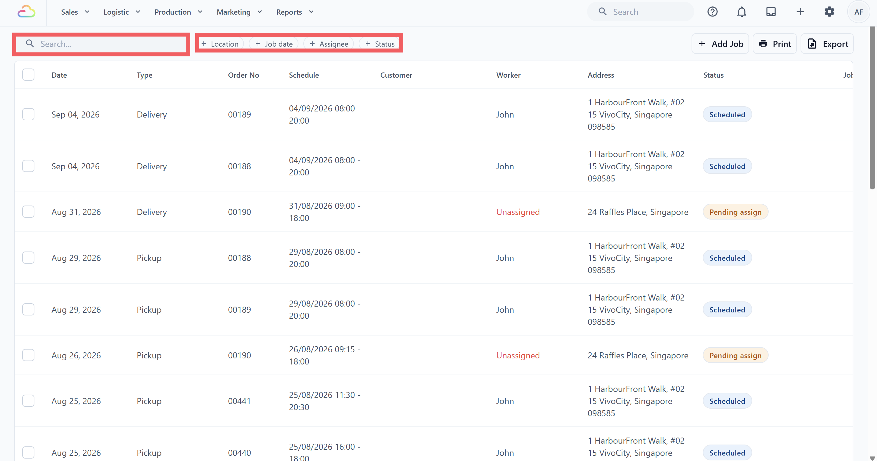 Screenshot placeholder: Current Job Table toolbar showing Search, Location, Job date, Assignee, Status, Add Job, Print, and Export.