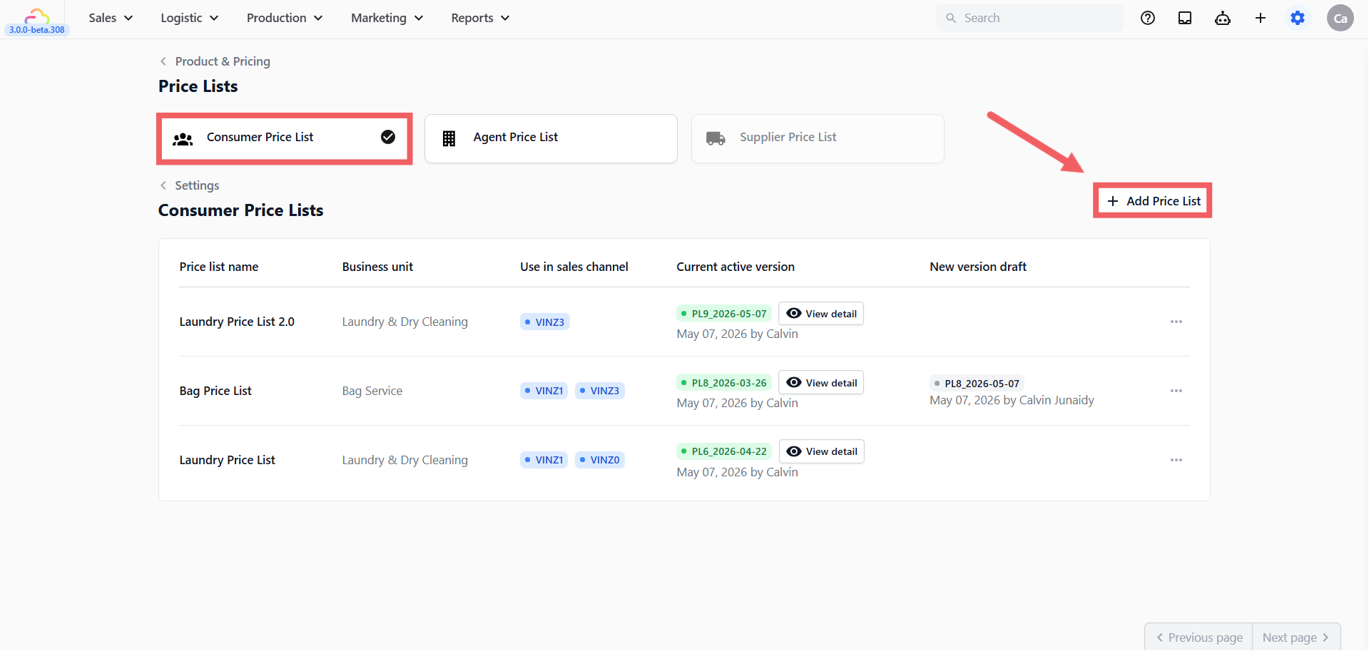 Click + Add Price List at the top right.