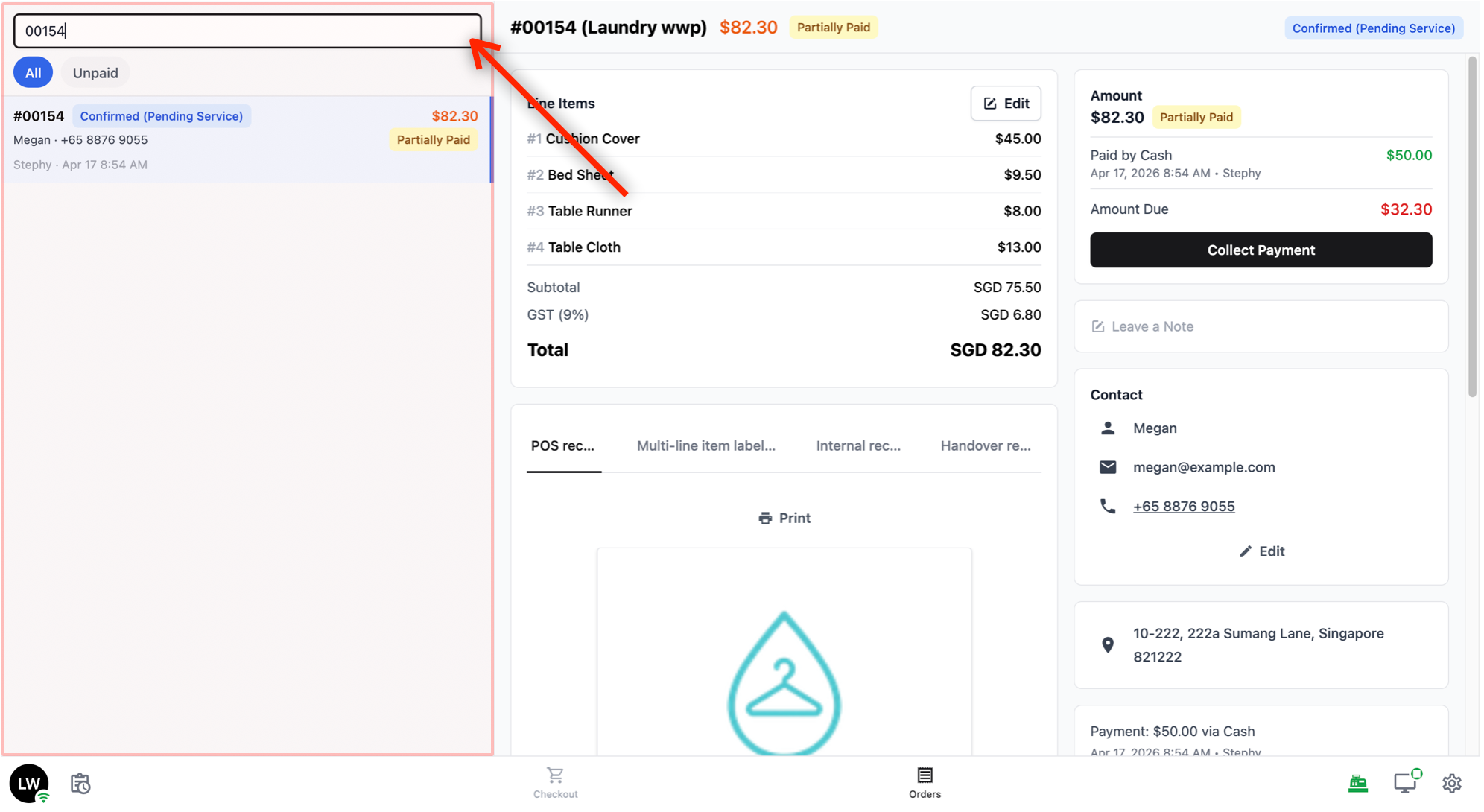 At the top of the list, there is a search bar where you can search for a specific order by order number, customer name, or other details.