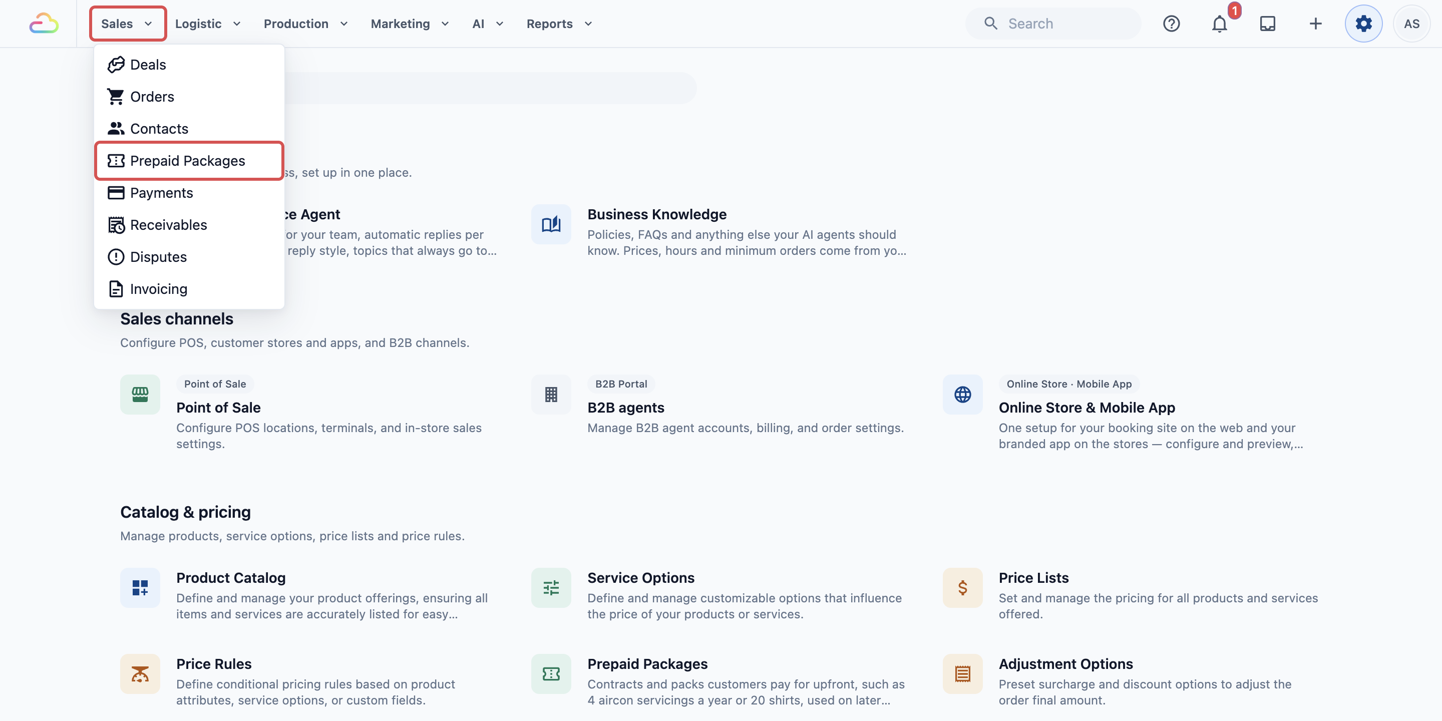Header menu > Sales > Prepaid Packages