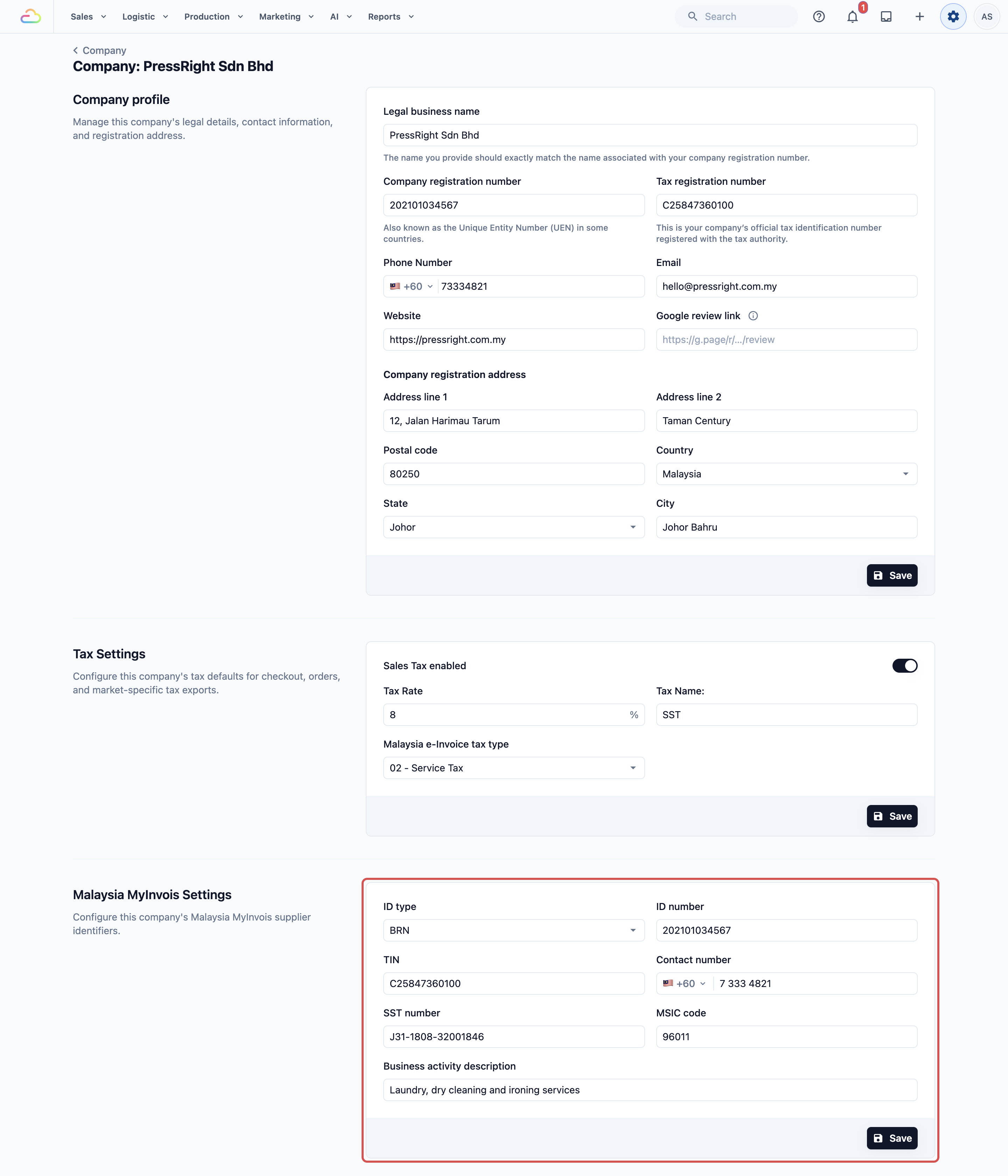 Company settings for PressRight Sdn Bhd, with the Malaysia MyInvois Settings section highlighted