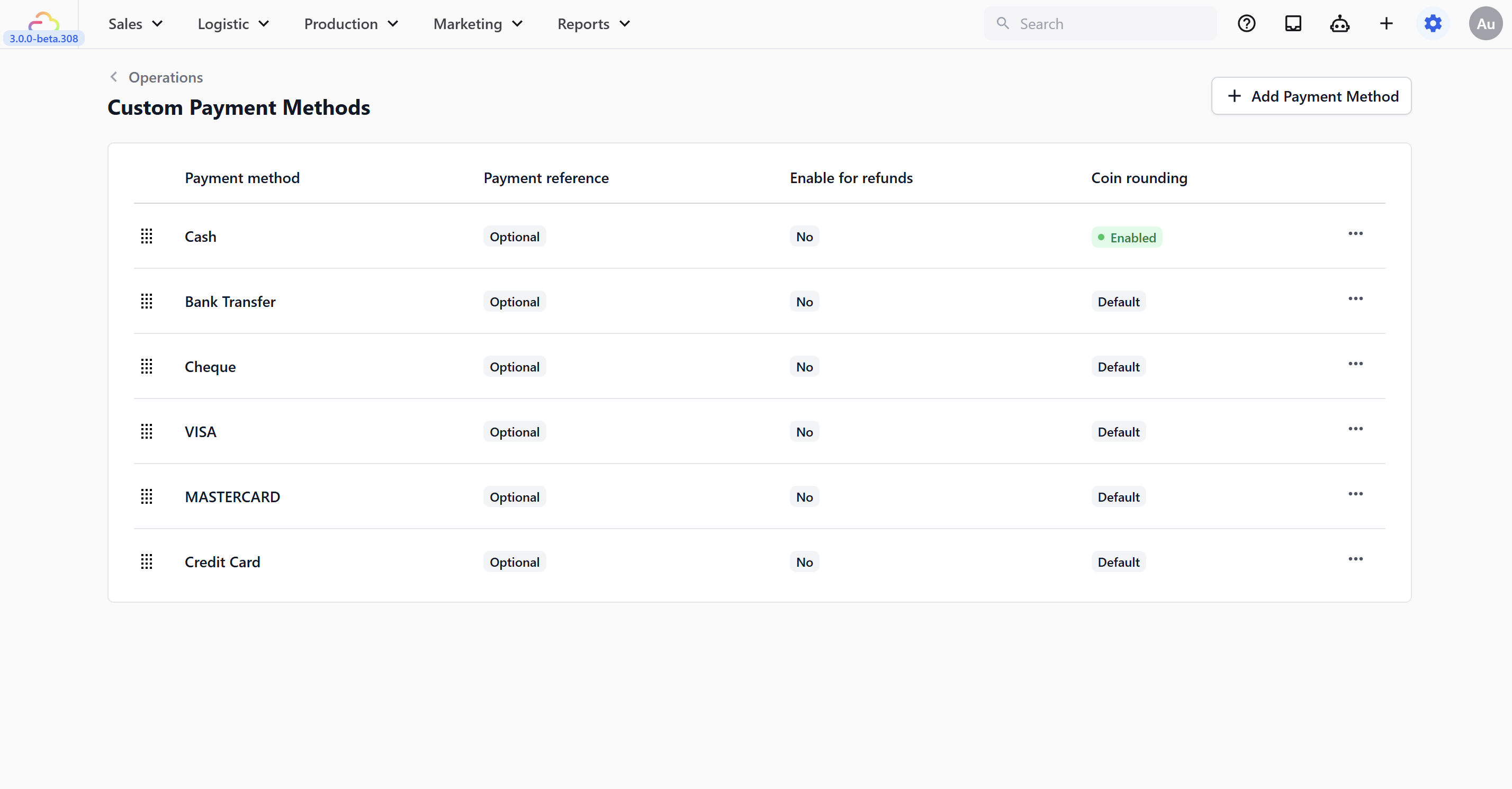 To add new methods or change existing ones, click Manage custom payment methods. This opens ⚙️ Settings → Operations → Custom Payment Methods, which shows the same list with full edit and delete controls.