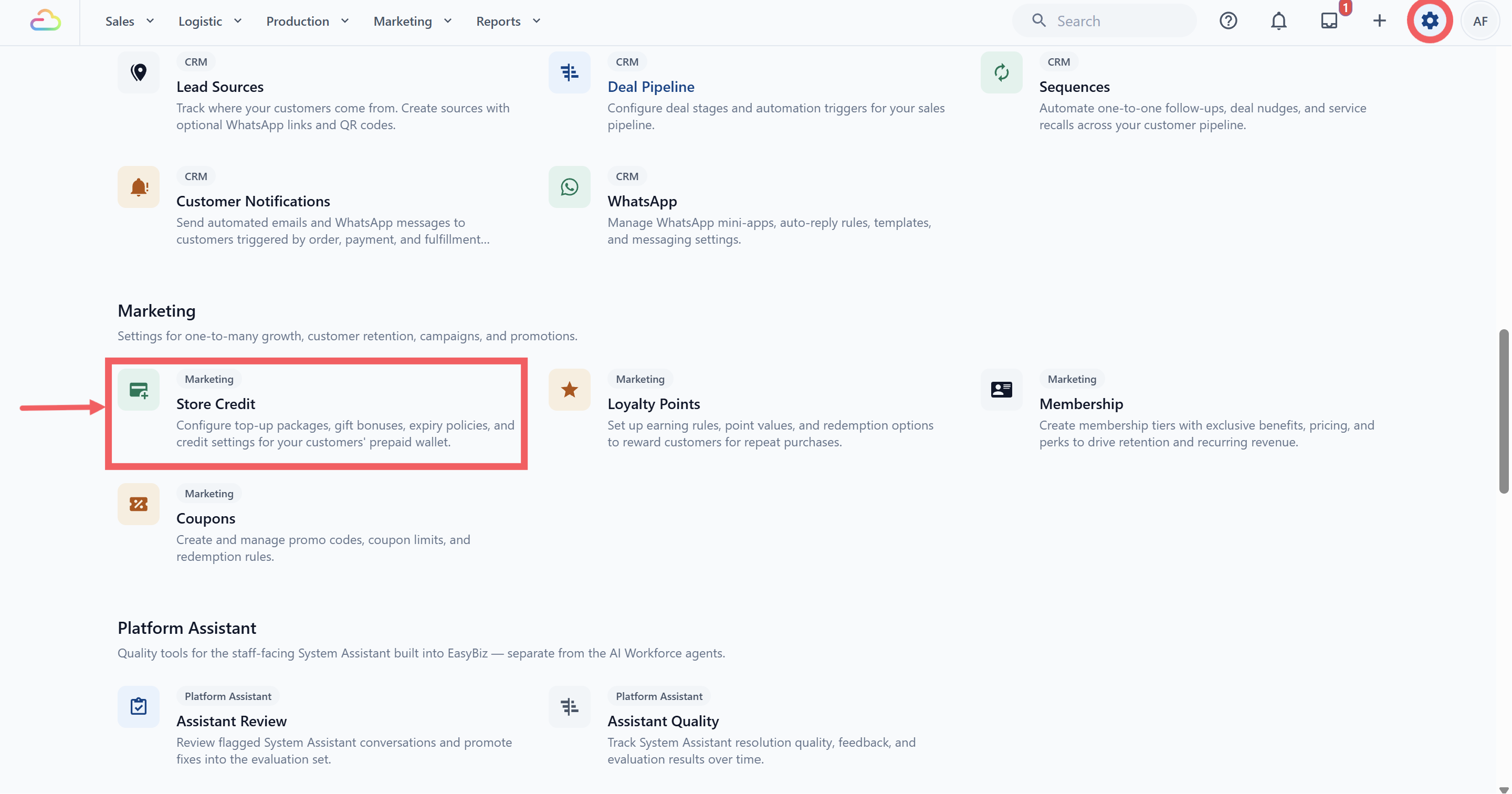 Store credit on settings page