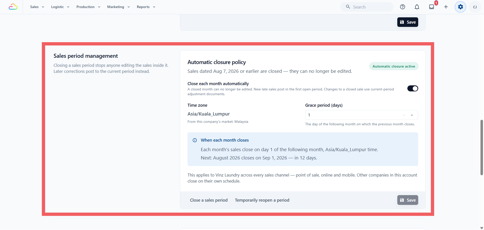 Sales Period Management Section in Company Settings