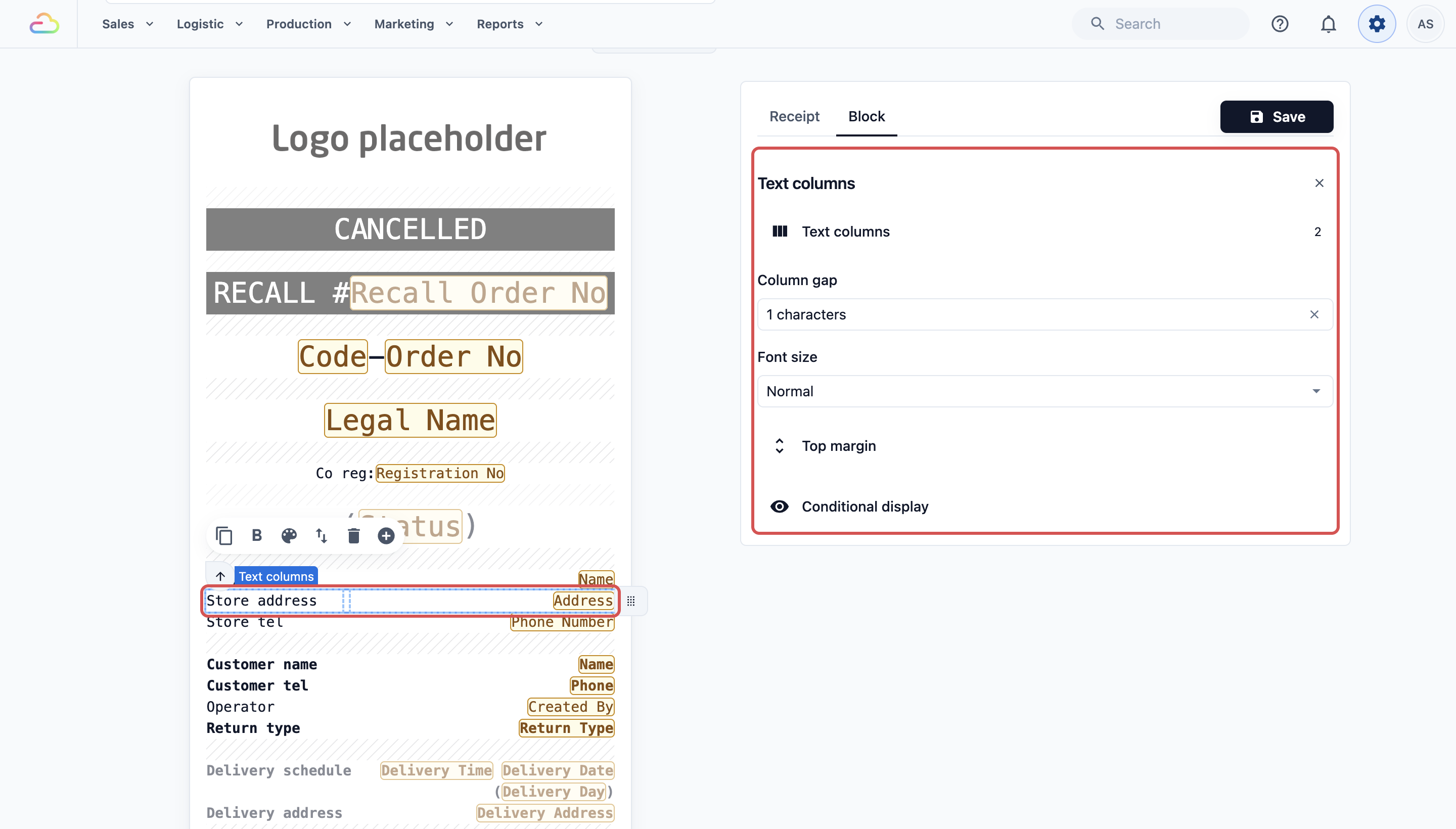 The receipt editor with the Store address block selected and its settings in the Block tab