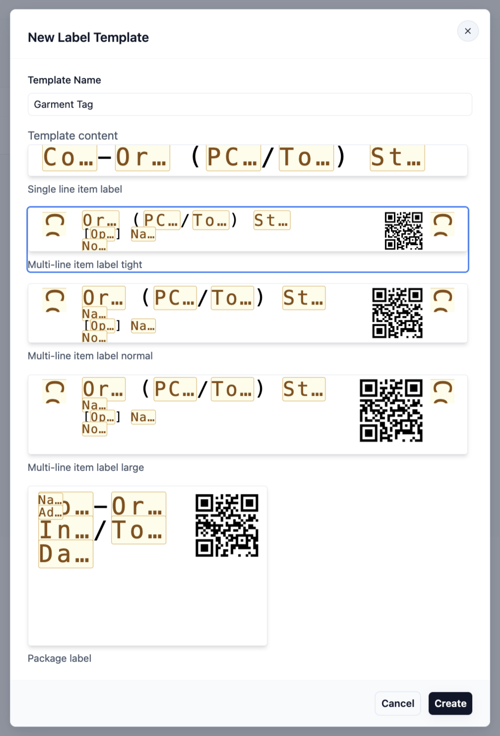 The New Label Template pop-up showing the 4 item label cards