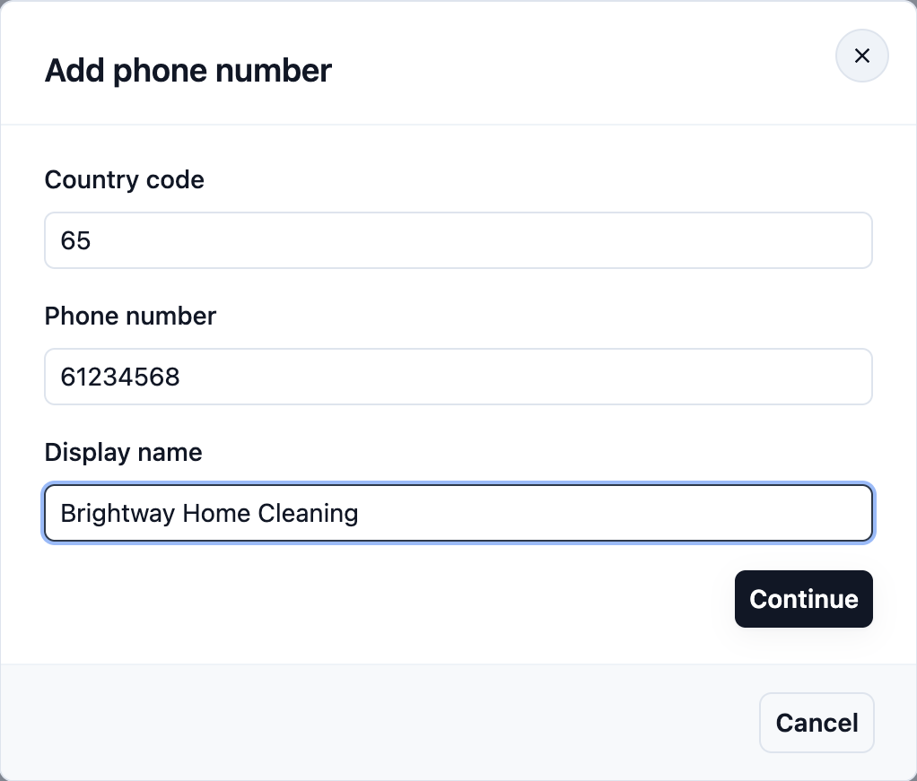 The Add phone number form with the country code, phone number and display name filled in