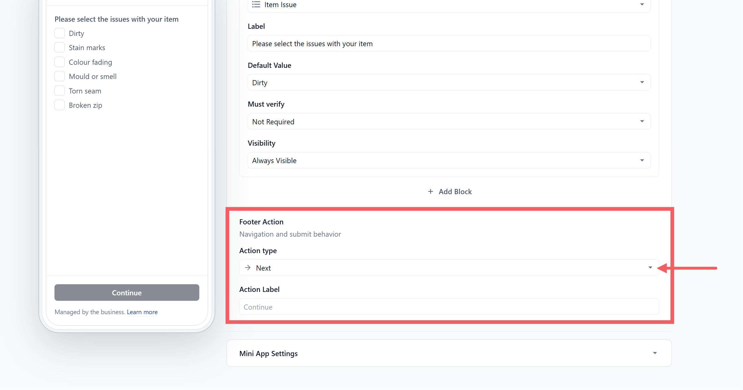 Set footer action for item issue screen as Next