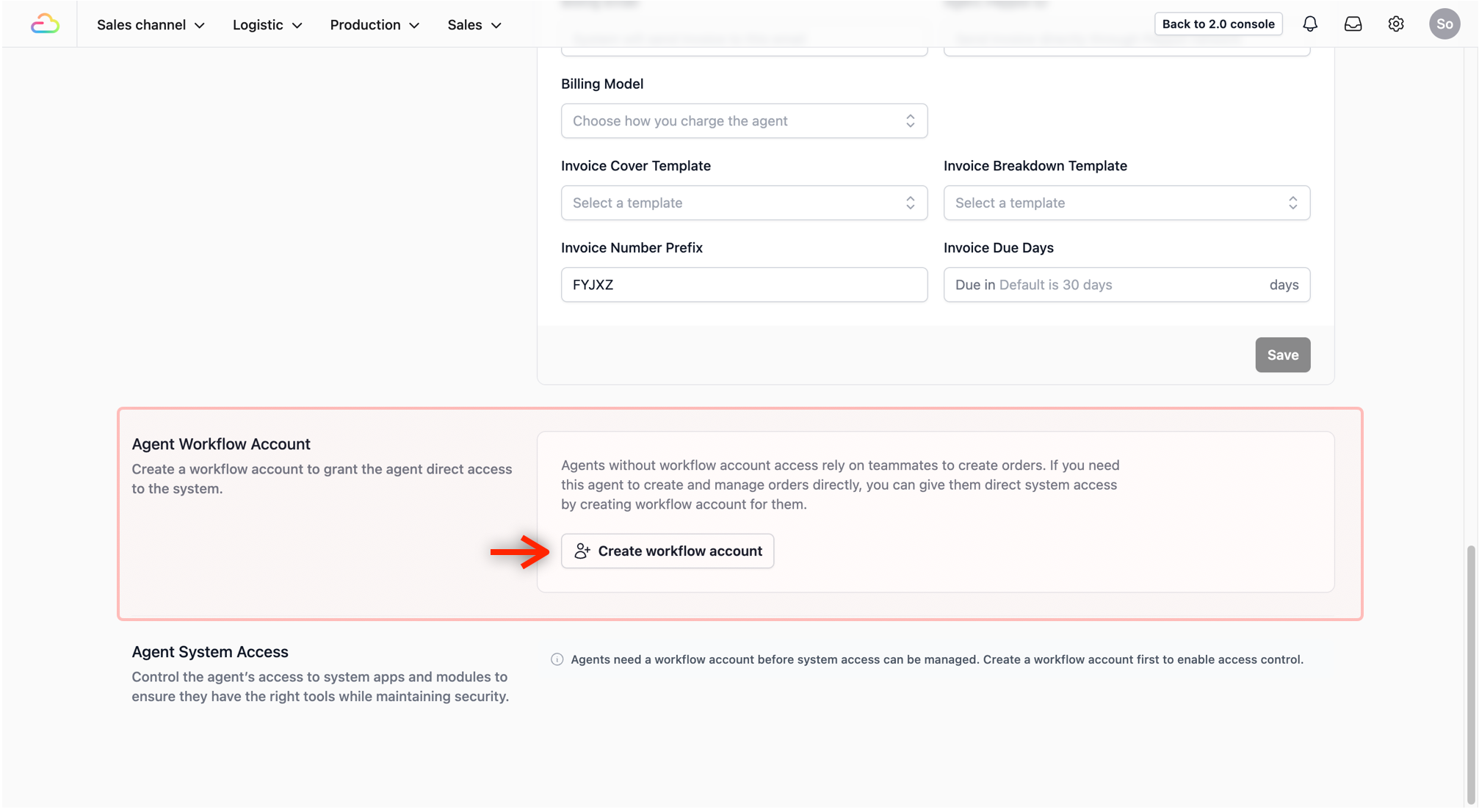 Generate Account: Scroll down to the Agent Workflow Account section and click on the Create workflow account button.
