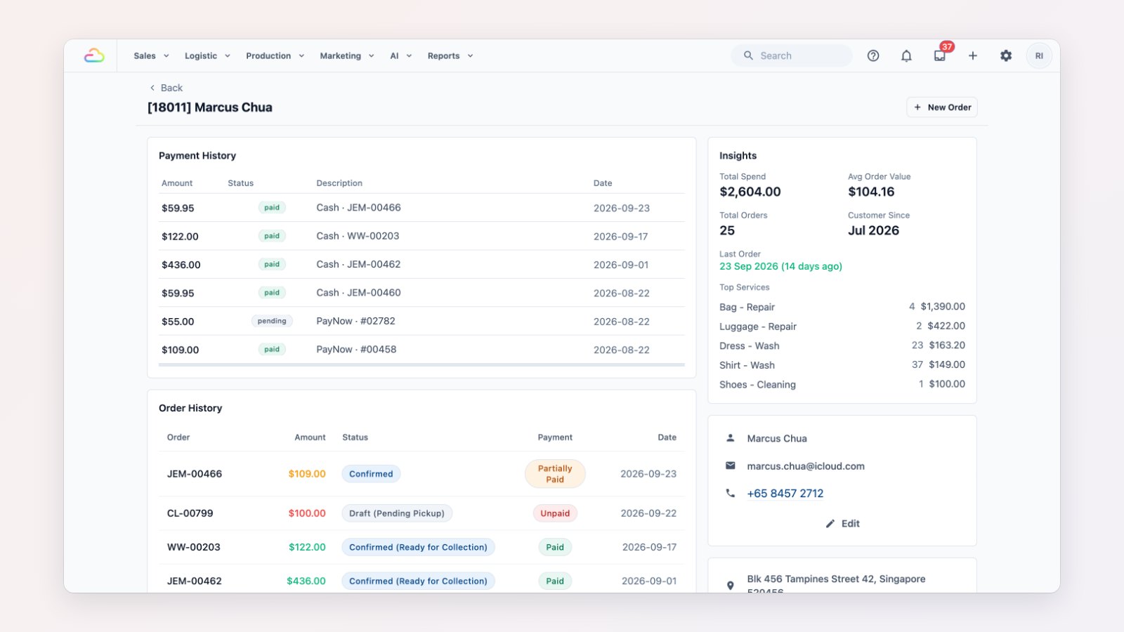 A customer's contact page in EasyBiz with payment history, order history and insights