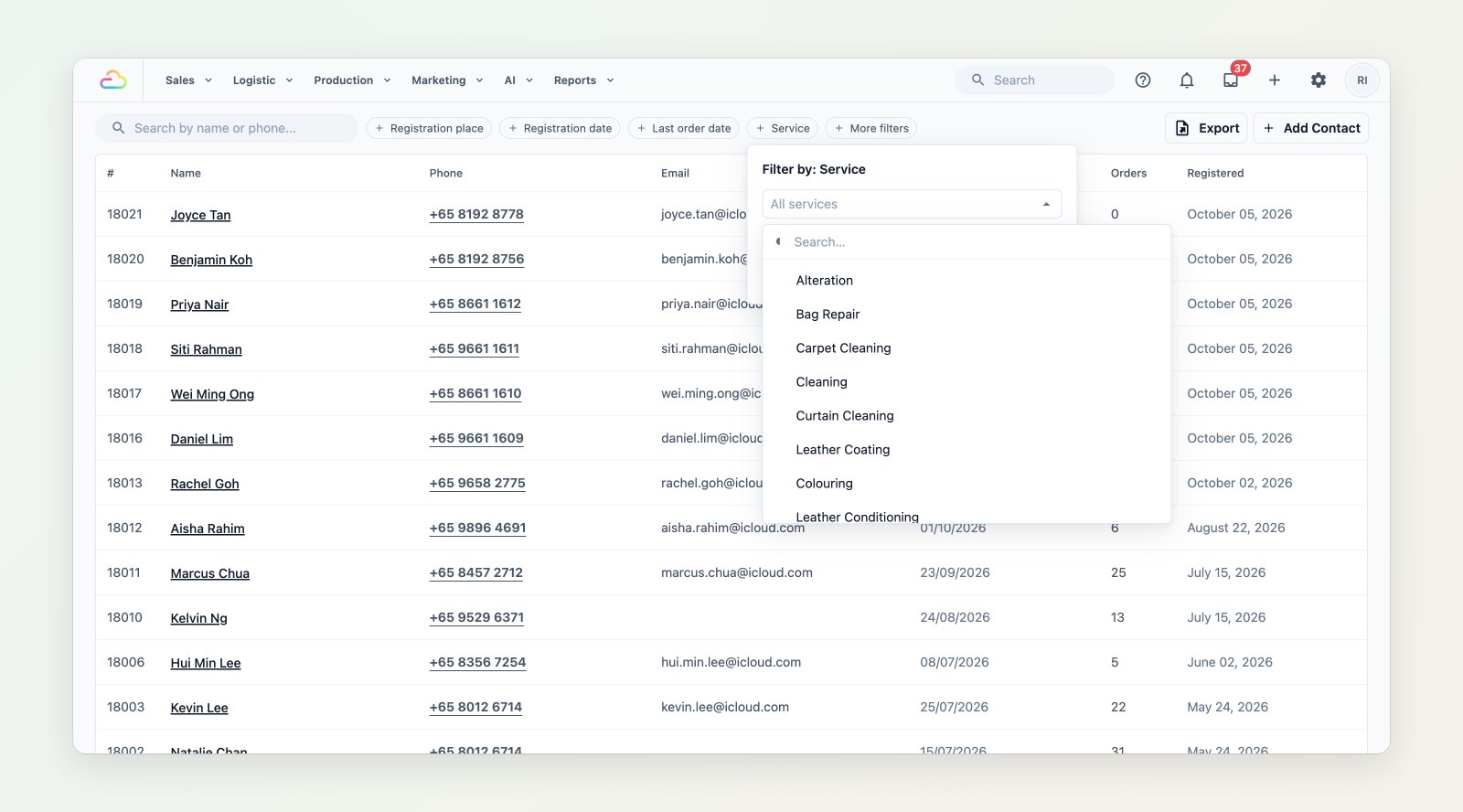 The Contacts list with the Service filter open, ready to choose the services customers have ordered