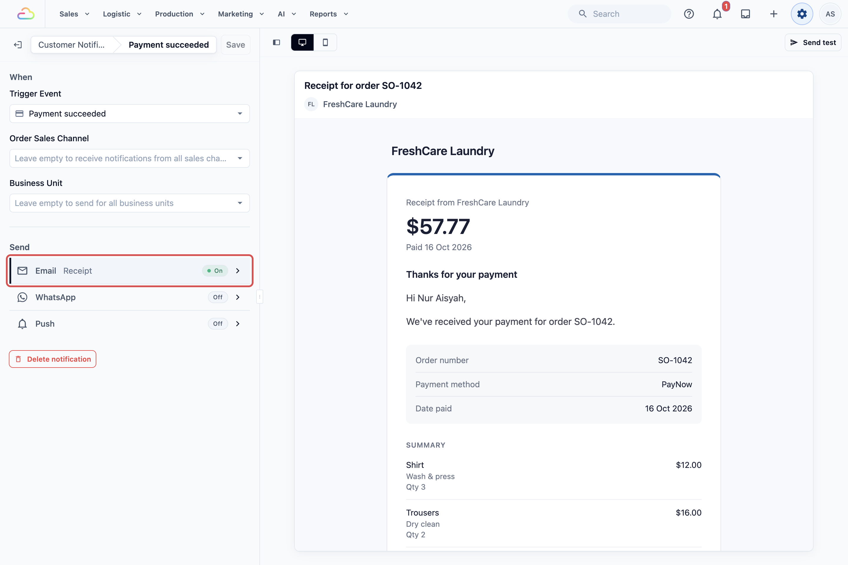 Customer Notifications rule for Payment succeeded that sends the Receipt email