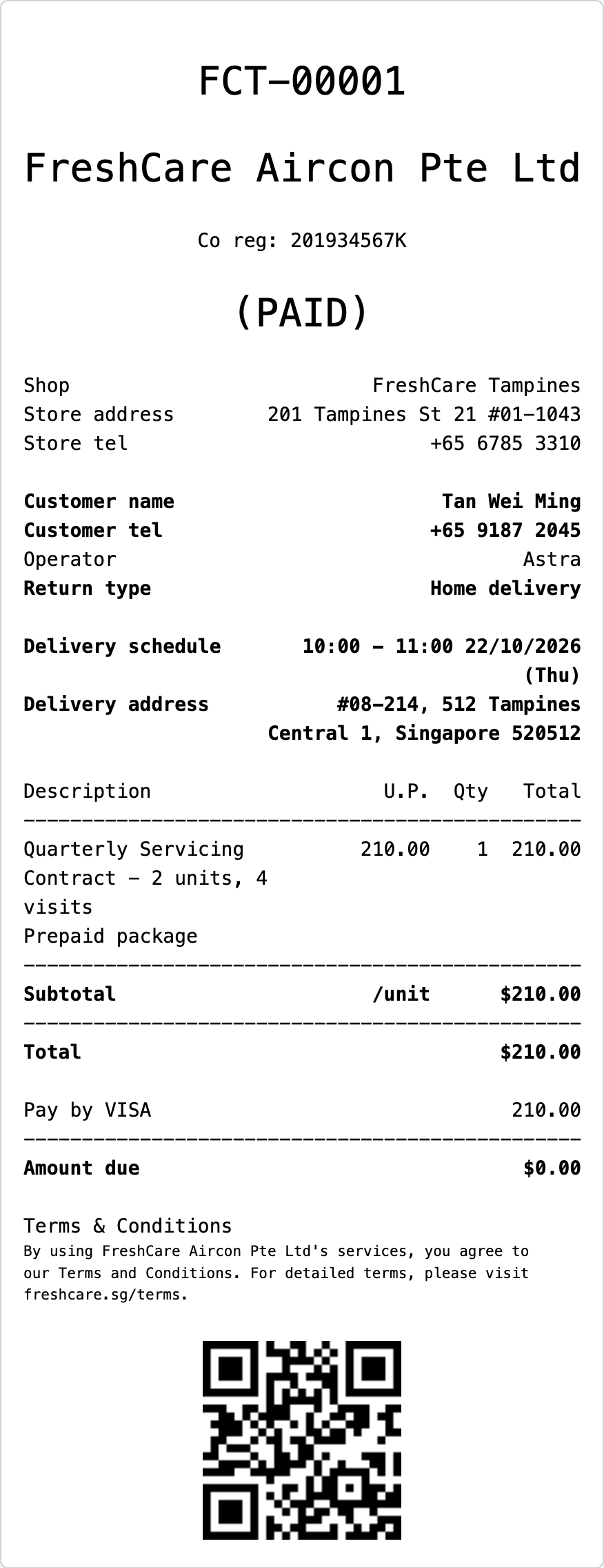 A POS order receipt showing the shop details, items, total and amount due
