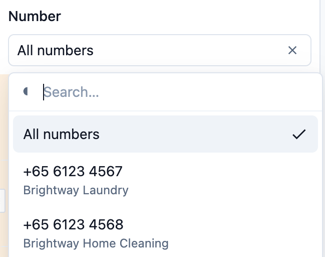 The Number filter open, listing All numbers and each number with its display name