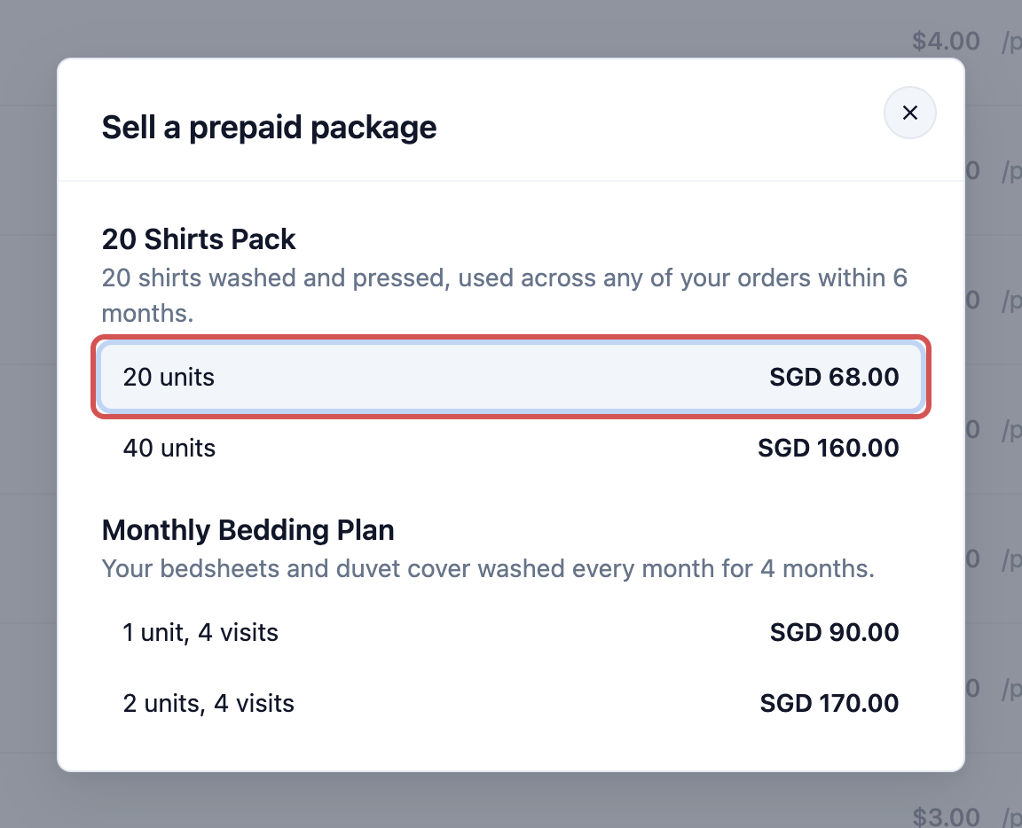 The Sell a prepaid package window from that order, with 20 Shirts Pack 20 units SGD 68.00 selected and the other sizes listed